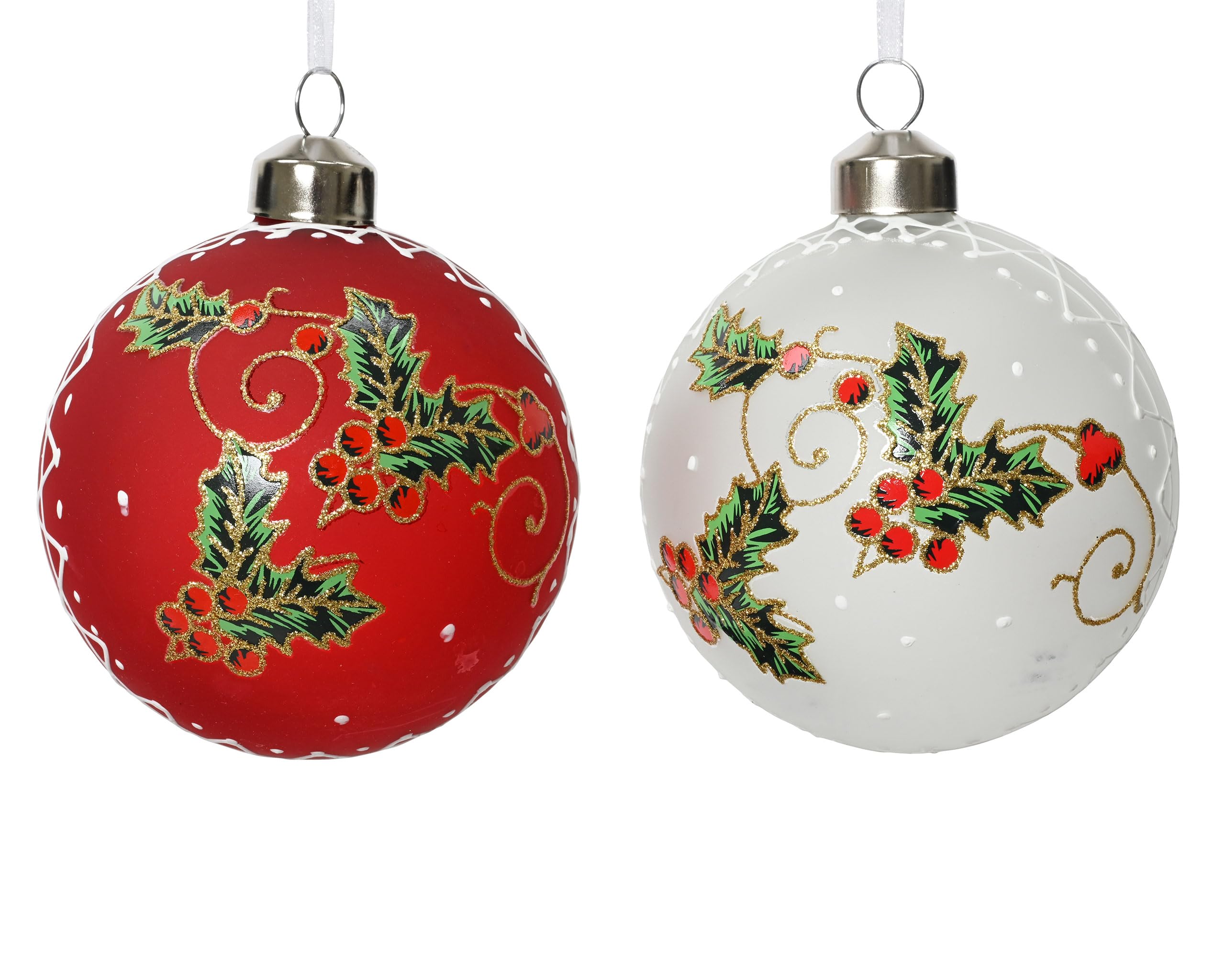 Kaemingk Lot de 12 boules de Noël en verre - 8 cm - Avec motif houx - Boules de Noël - Décoration de Noël et décoration de sapin de Noël - Rouge et blanc