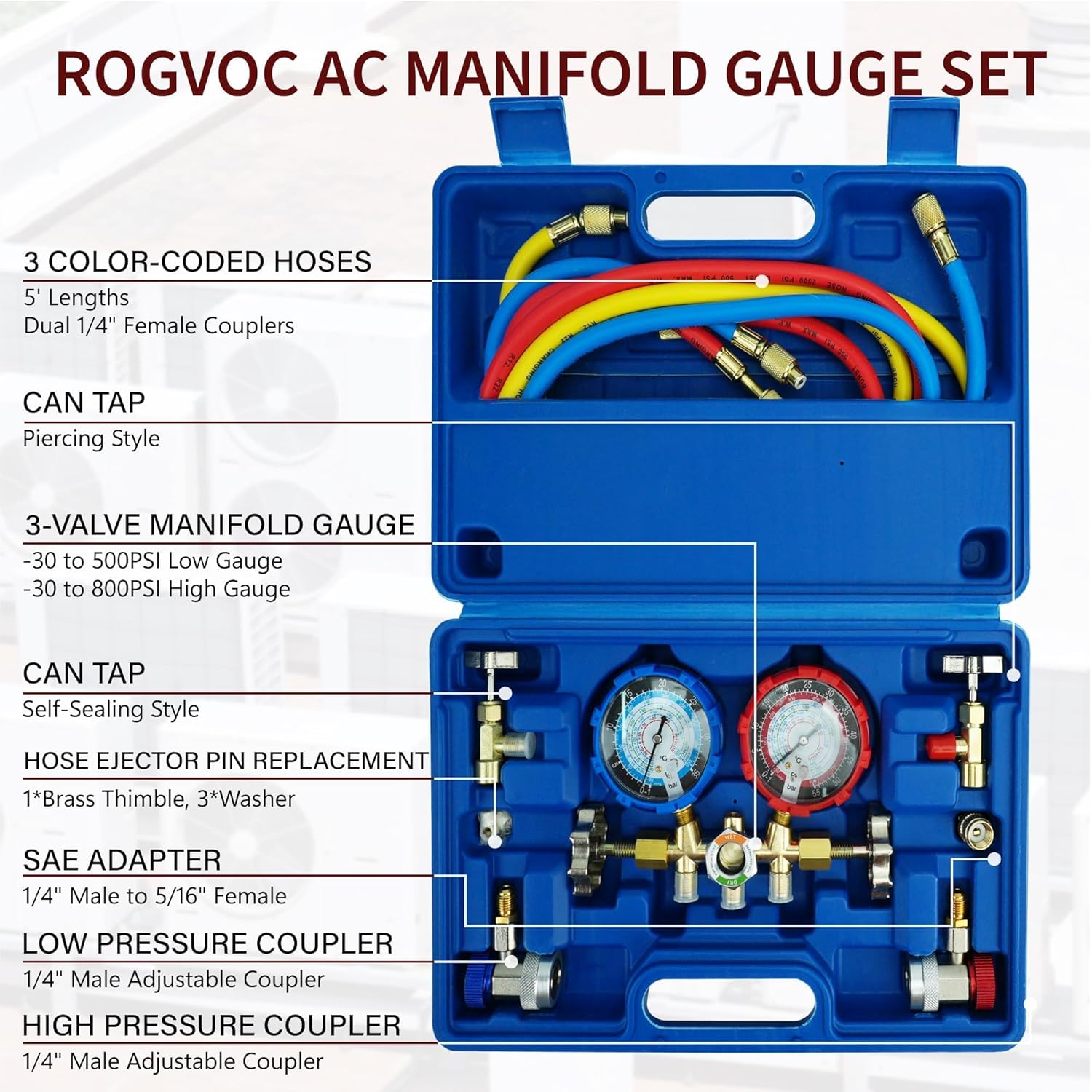 3 Way AC Gauge, AC Manifold Gauge Set for R134a R410a R12 R22 R502 Refrigerant, AC Gauges with 5FT Hoses, R410a Adapter, Puncturing & Self Sealing Can Tap