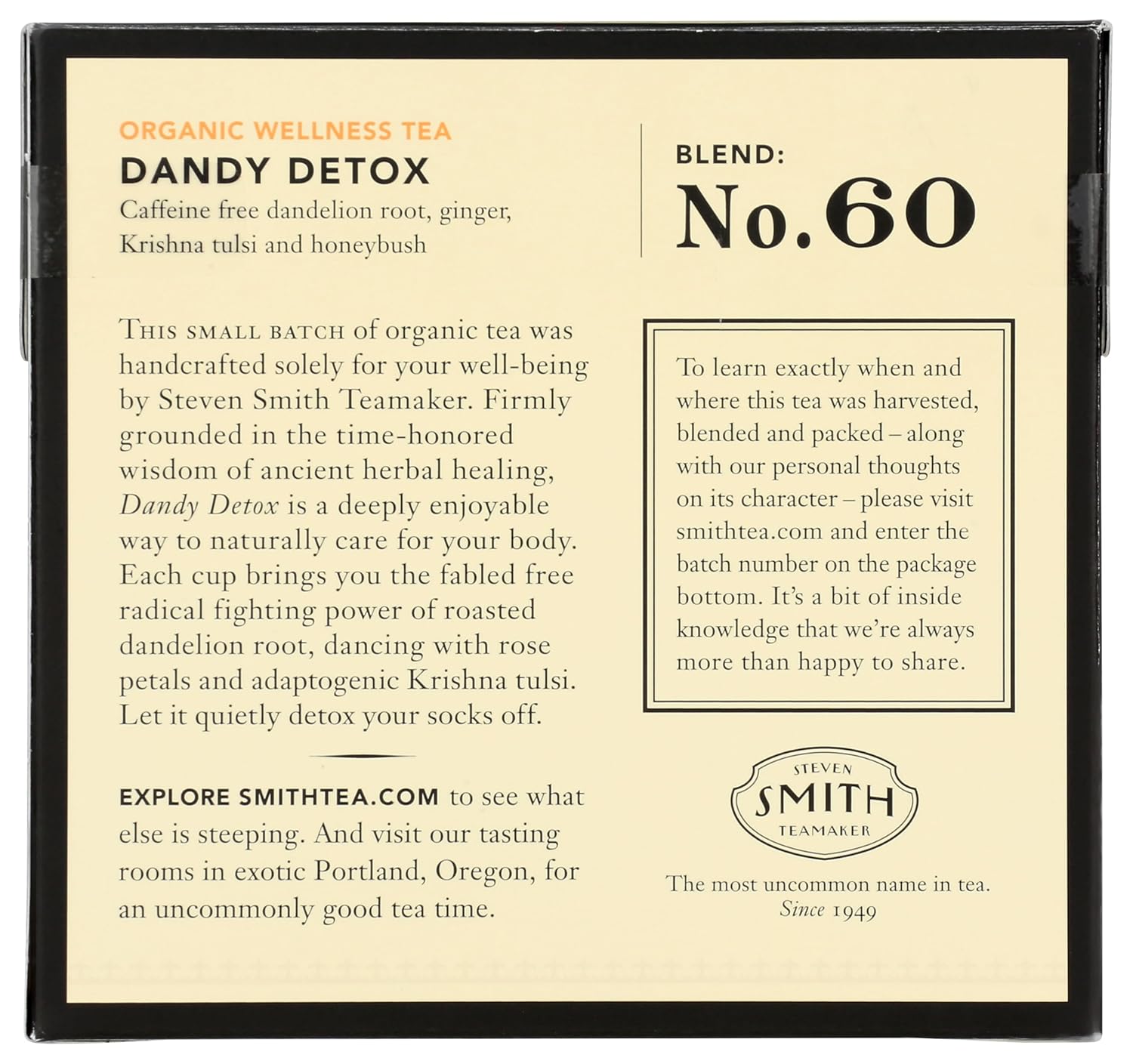 Smith Teamaker | Dandy Detox – Dandelion Root, Spicy Krishna Tulsi, Ginger & Honeybush | Caffeine-Free, Herbal, Certified Organic, Vibrant Wellness Tea (15 Sachets, 1.32oz each)