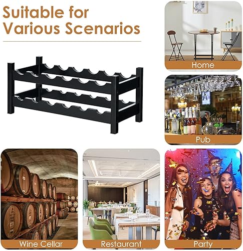 Miniatura 10 de HAPPYGRILL Estante para vino, estante de exhibición de vino de 2 niveles para 12 botellas, estante de almacenamiento de vino de bambú, estante de