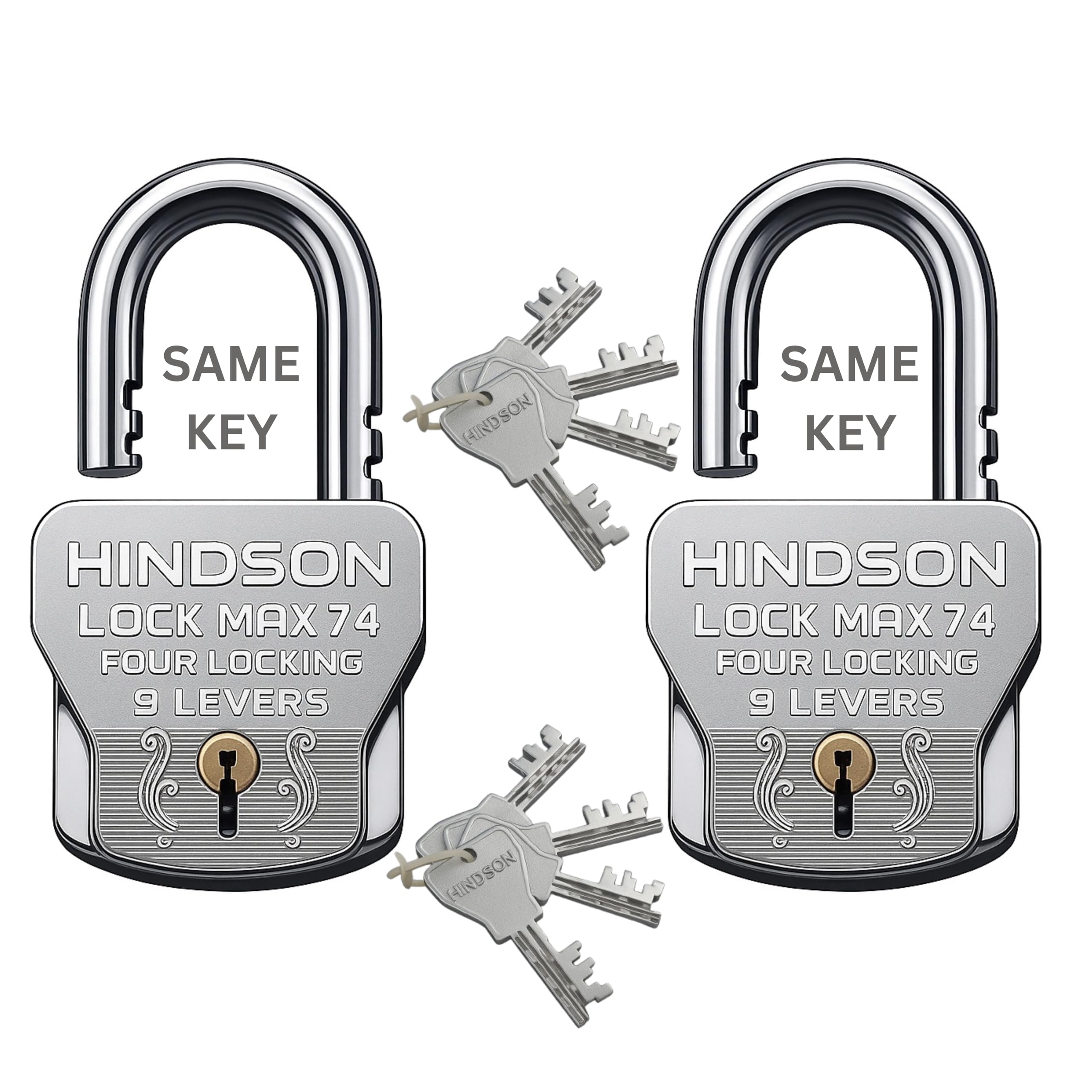 Hindson Lock Max 74 Heavy Duty Padlock Set, 74mm, Silver, 4 Locking Technology, 9 Lever Mechanism, 2 Locks with 8 Same Keys, 610g