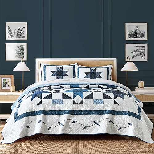 Secgo Handmade Quilted 100% Cotton King Comforter Set for Bed - 100% Cotton Quilts King Size, Black Bedspreads (96 * 108 Inch) with 2 Pillow Shams, Patchwork Reversible Lightweight Bedding