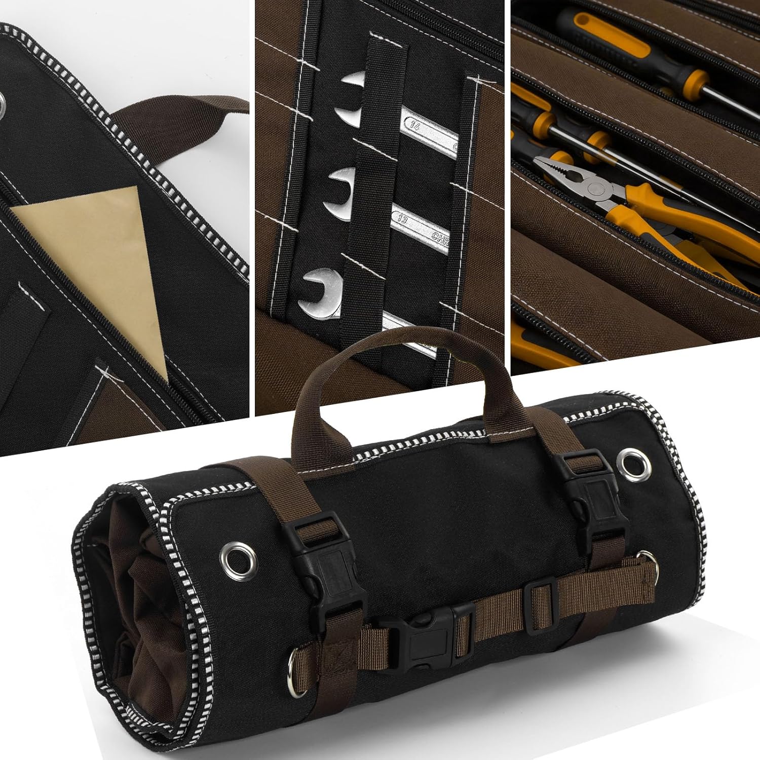 Large Heavy-Duty Waxed Canvas Tool Roll Bag, 15-Pocket Roll Up Tool Wrap Organizer for Wrenches and Pliers