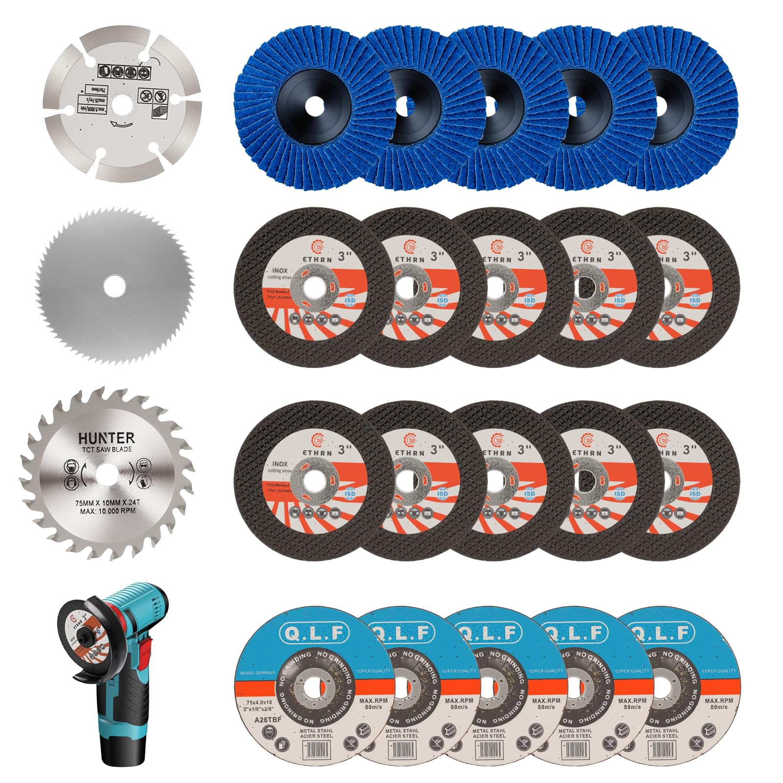 Set di dischi da taglio da 75 mm per smerigliatrice angolare, composto da 23 accessori con dischi da taglio HSS e dischi da taglio in carburo per taglio, lucidatura e smerigliatura del metallo