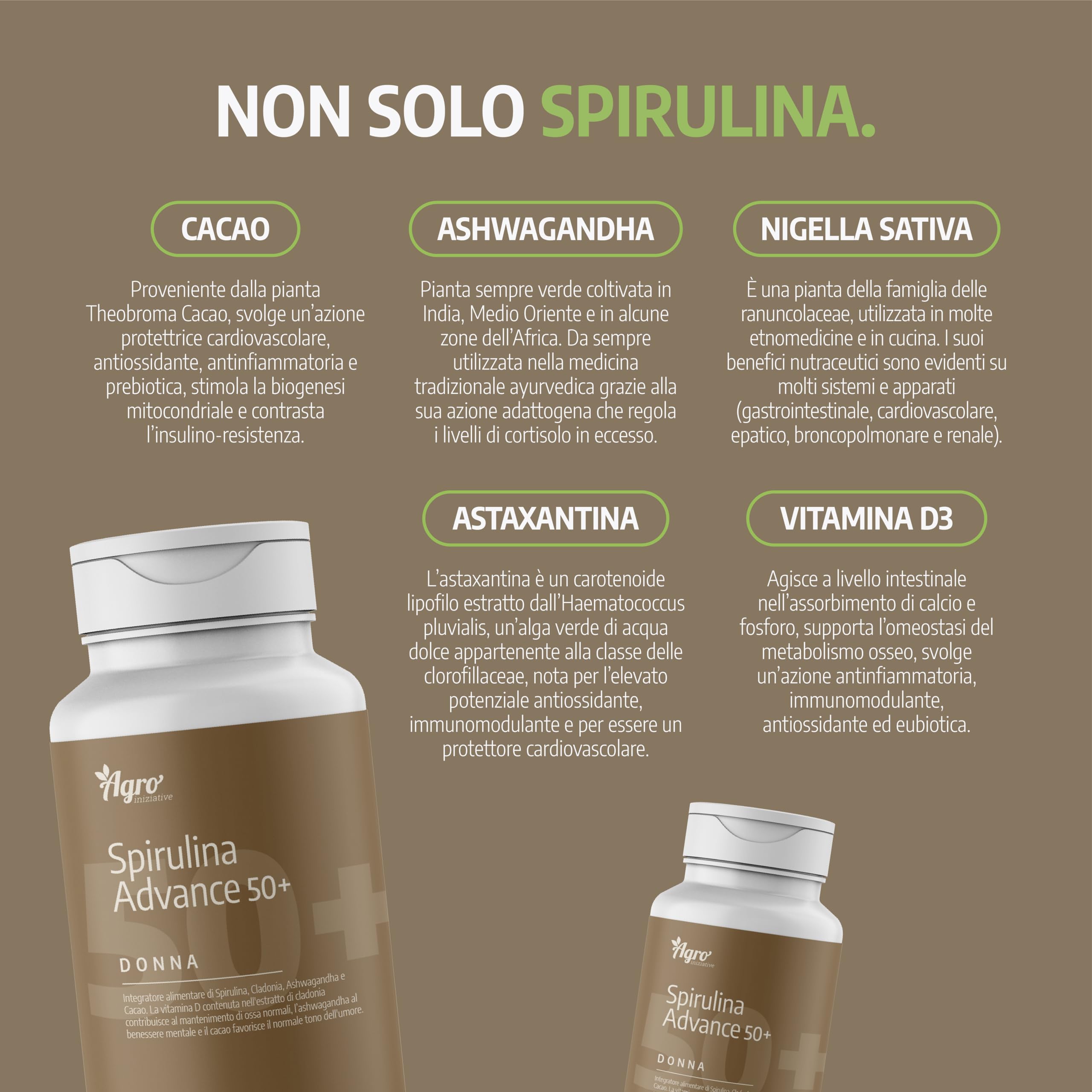 AGROINIZIATIVE ADVANCE DONNA 50+ con Spirulina Bio, Ashwagandha, Astaxantina, Vitamina D3 e Nigella Sativa, Formula Completa per il Benessere Femminile, Prodotto in Italia