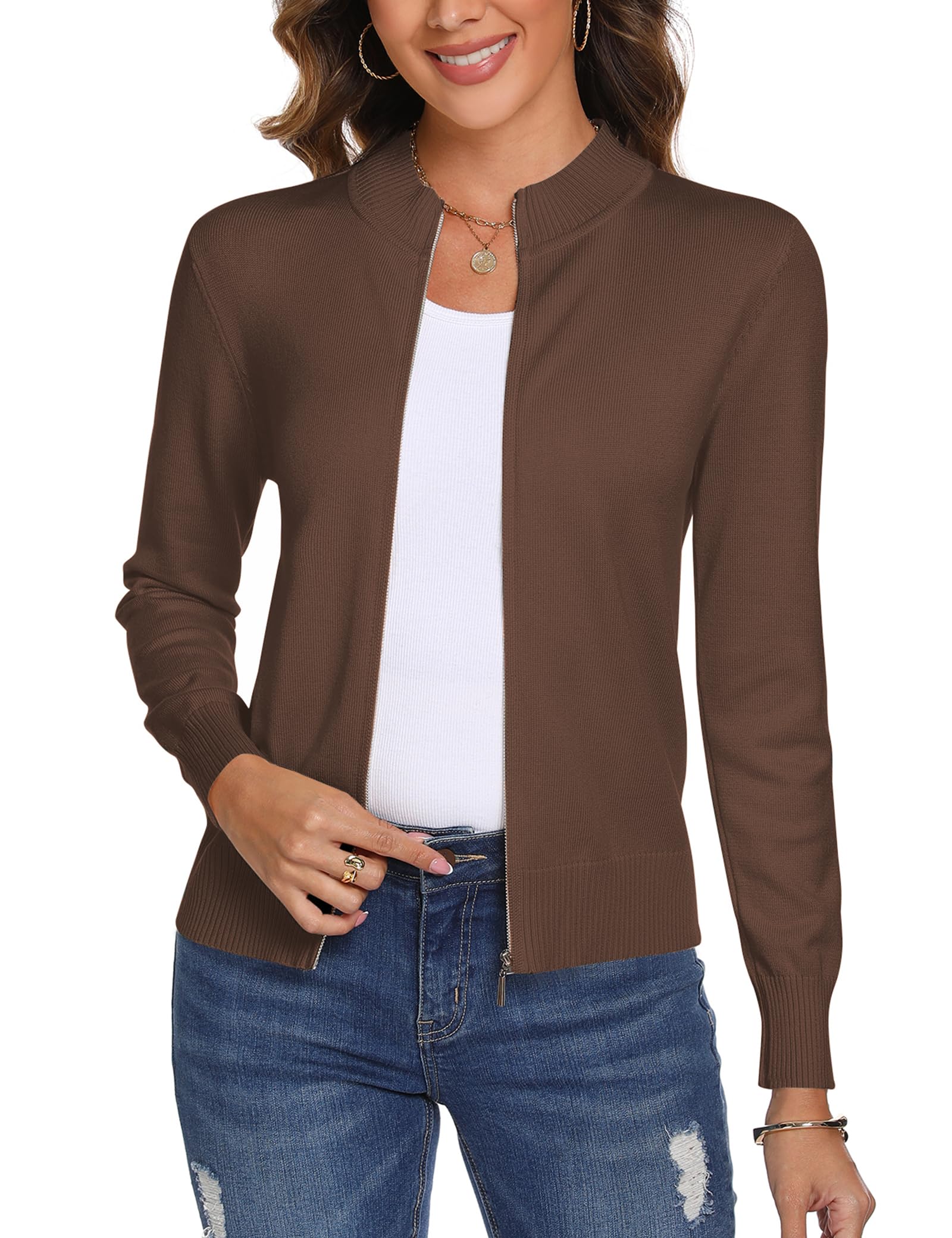 Aottori Strickjacke Damen Stehkragen Langarm Kurz Reißverschluss | Einfarbige Strickoberfläche; kombinierbar mit T-Shirt, Bluse oder Kleid; für Alltag, Büro, Stadt und Reise; Strickmaterial