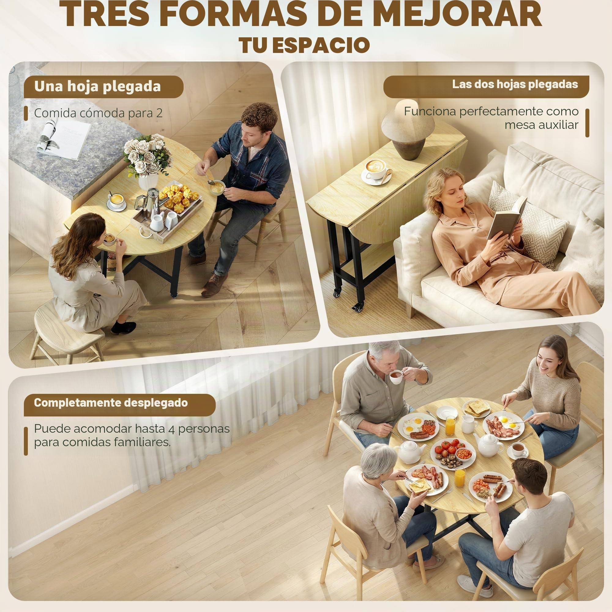 HOMCOM Mesa Plegable sobre Ruedas Redonda 100 x 100 x 75 cm Roble | Mesa de cocina para 4, 2 hojas abatibles, estante inferior, espacios pequeños, comedor