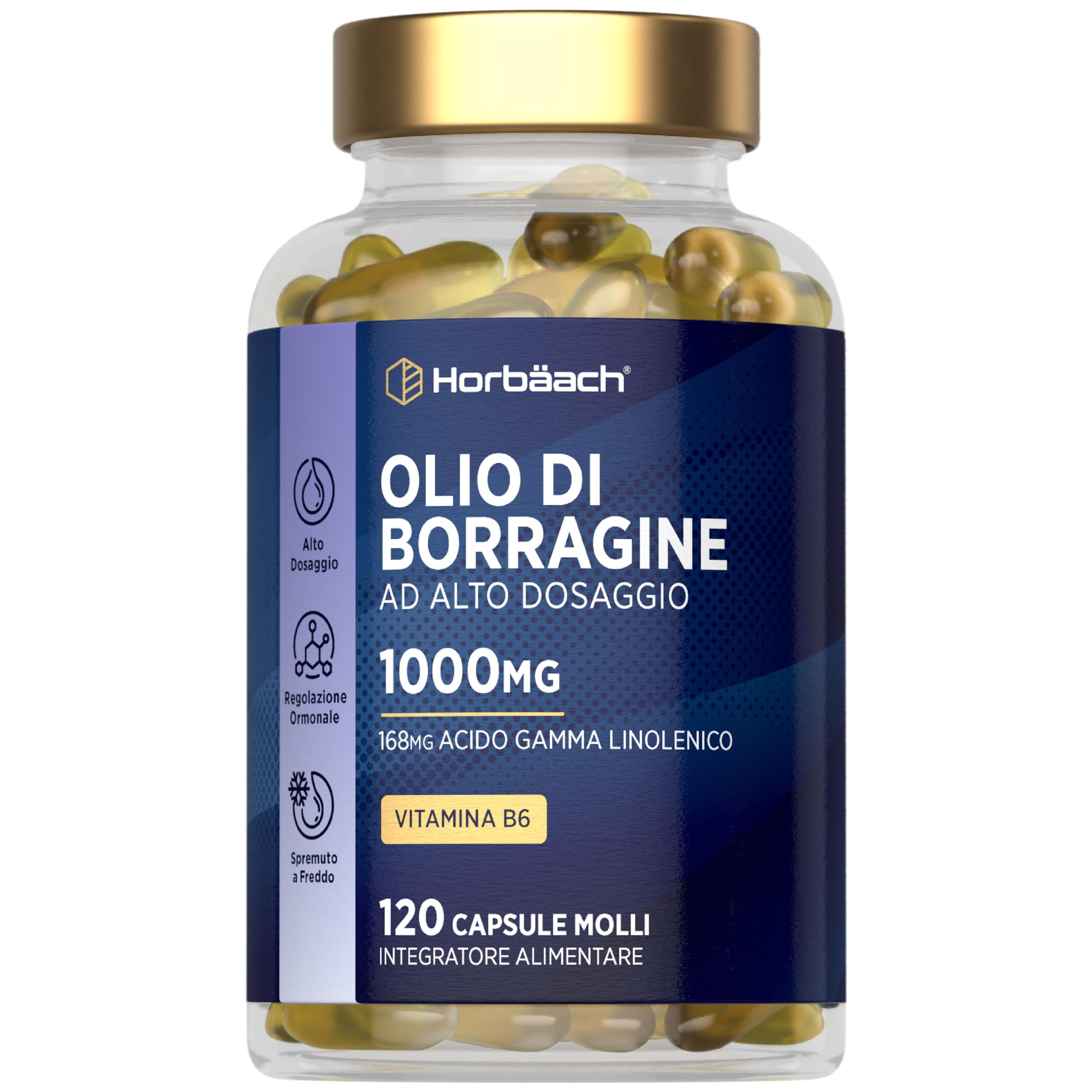 Olio di Borragine 1000mg | 120 Perle per 4 Mesi | Olio di Semi di Borragine e Vitamina B6 | 168mg di Acido Gamma Linoleico GLA per Capsula | Integratore Alimentare Starflower Oil Vitamin B6 | Horbaach
