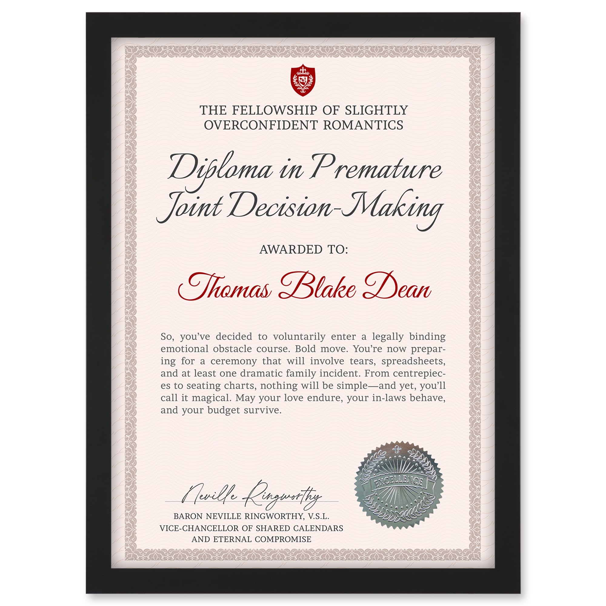 Artery8 Personalised Fun Fake Certificate Engagement Funny Gag Fun Joke A4 Black Framed Diploma Novelty Award Marriage Wedding