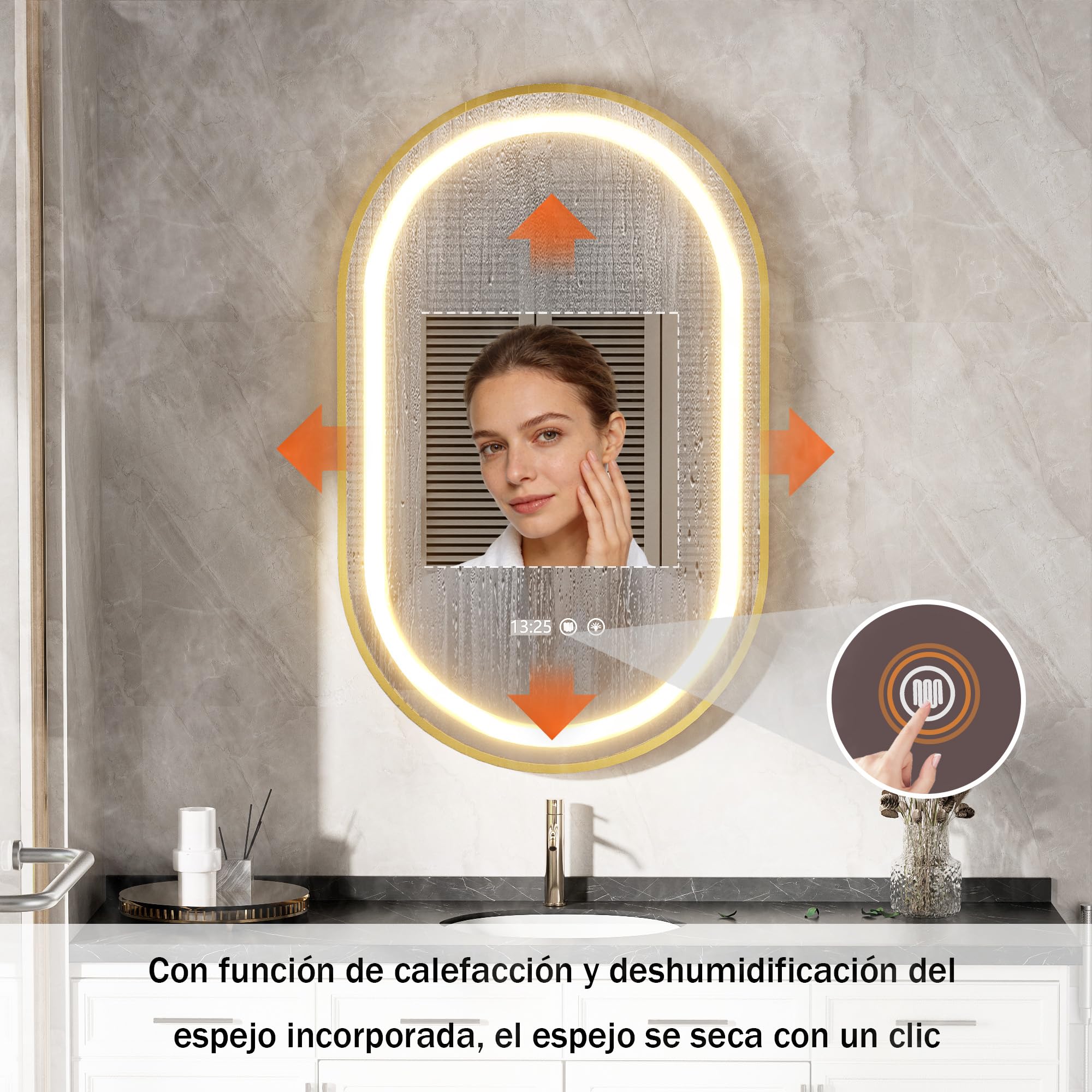Espejo Baño con Luces y Función de Desempañado 50x80 cm Ovalada LED Espejo de Pared con Reloj y Pantalla de Temperatura para Baño (Enchufe- EU)