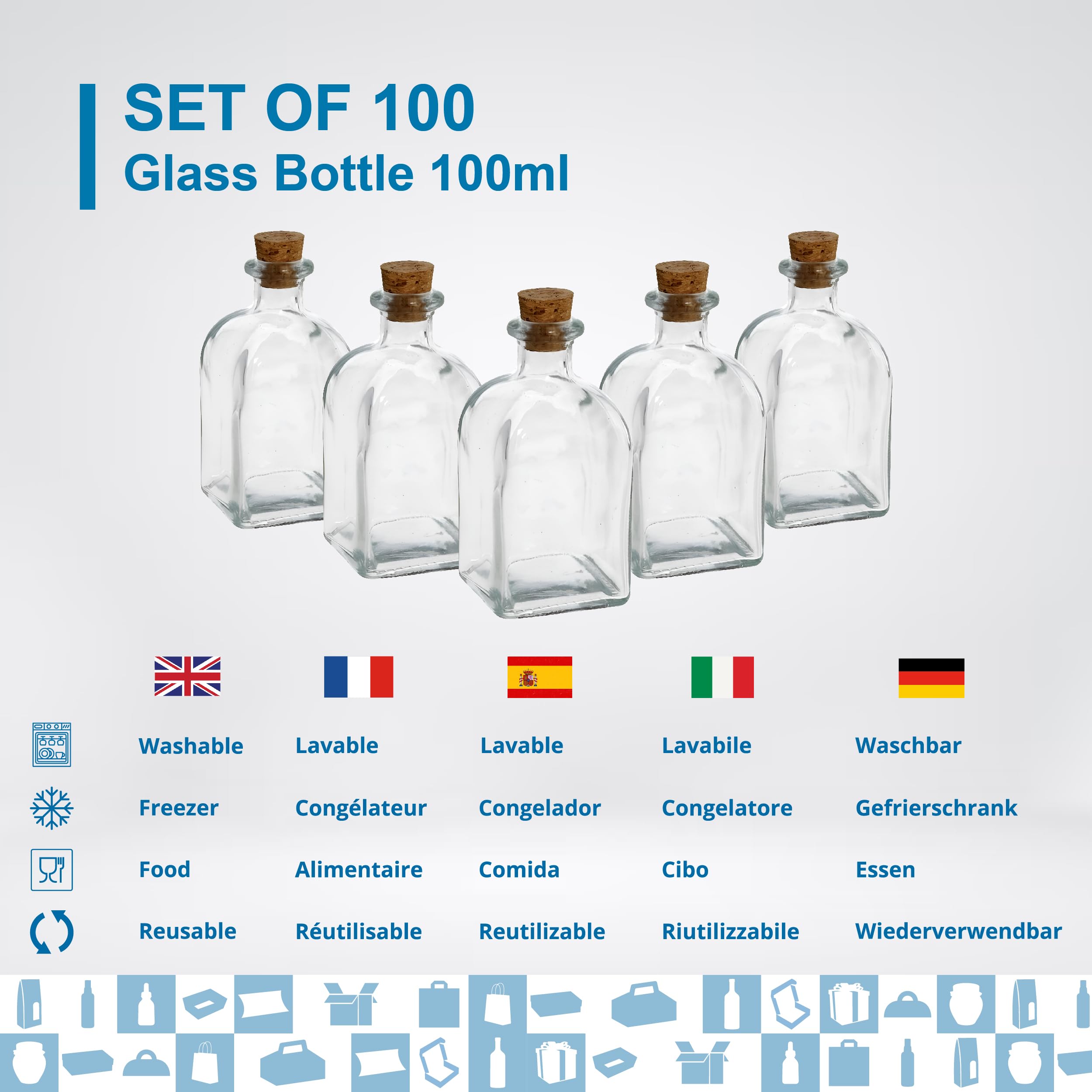 100 bottiglie quadrate in vetro, 100 ml, con tappo in sughero, mini bottiglia per liquori, Whiskey, Rum, vino - boccetta di pozione magica, ideali per campioni e ricordi