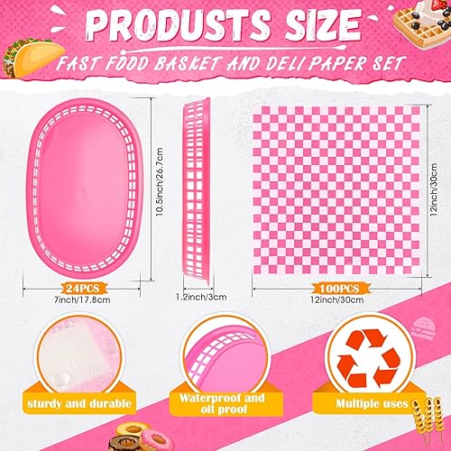Miniatura 9 de Uiifan 24 cestas de comida rápida con 100 forros de delicatessen, cestas de comida para servir hamburguesas, cestas de papas fritas, cestas de