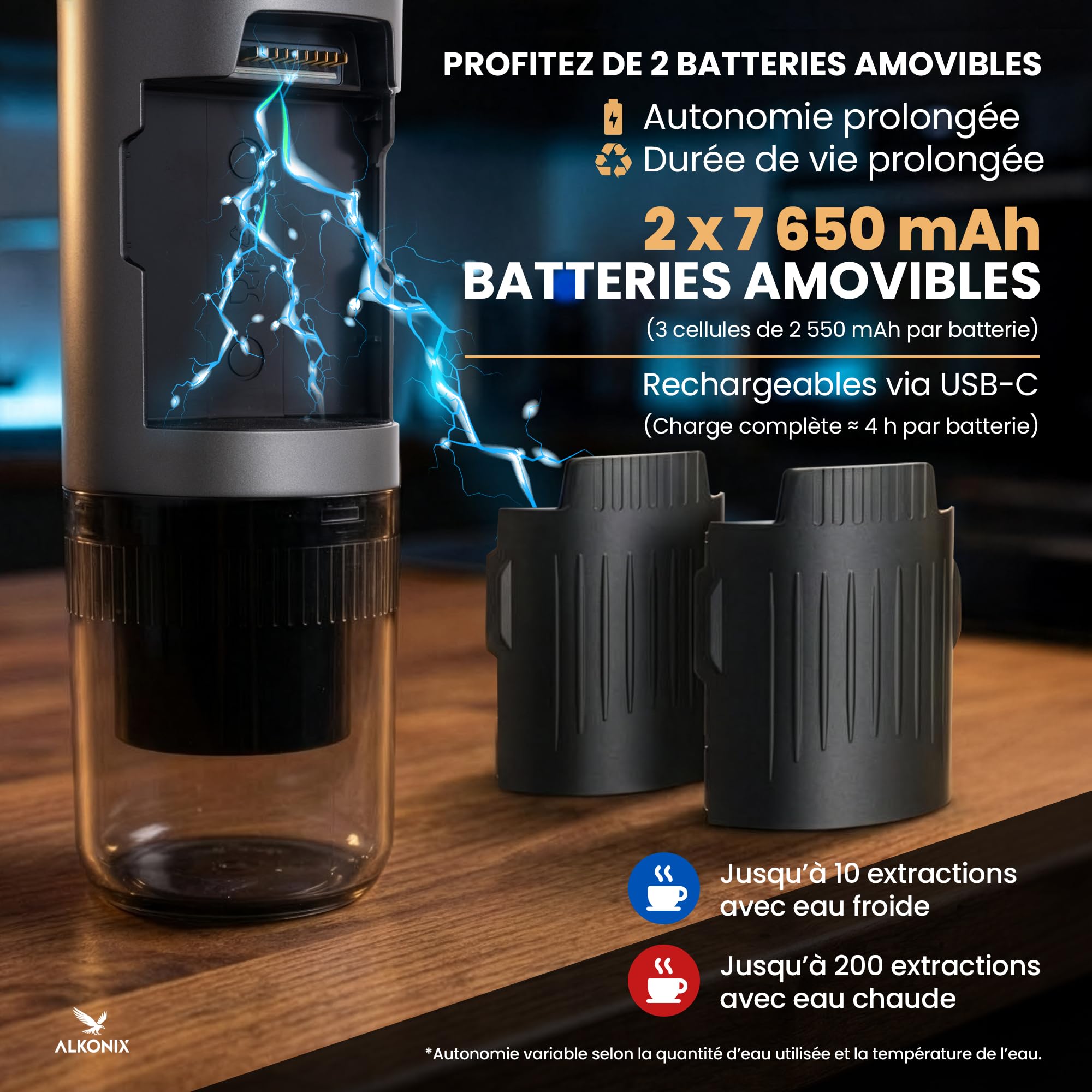 Machine à Café Portable USB-C – Cafetière Nomade Espresso Rechargeable avec 2 Batteries Amovibles – Compatible Capsules Standards & Café Moulu – Chauffe Intégrée (Gris)