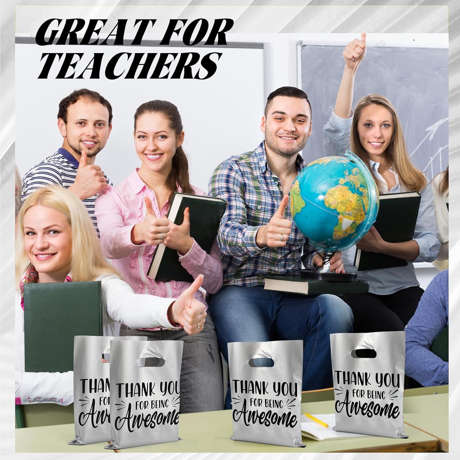 MotiMind 50 Pcs Thank You Gifts Bags Thank You for Being Awesome Plastic 7.9" x 10.2" Thick Employee Appreciation Goodie Bags with Handle for Retail Grocery Shopping Coworker(Silver) - Image 6