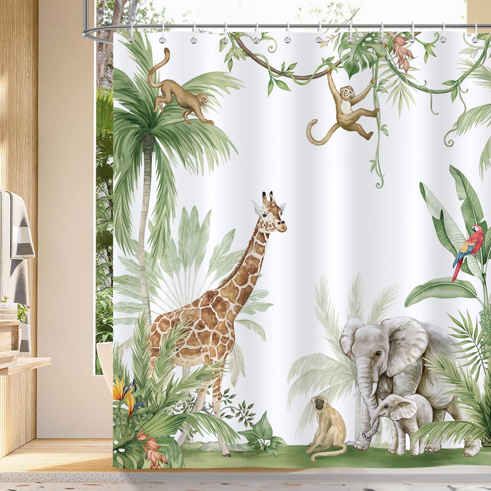 Bonhause Jungle Animal Shower Curtain, Giraffe Elephant Monkey Tropical Rainforest Bathroom Curtain 72x72 Inch Polyester Fabric Waterproof Bath