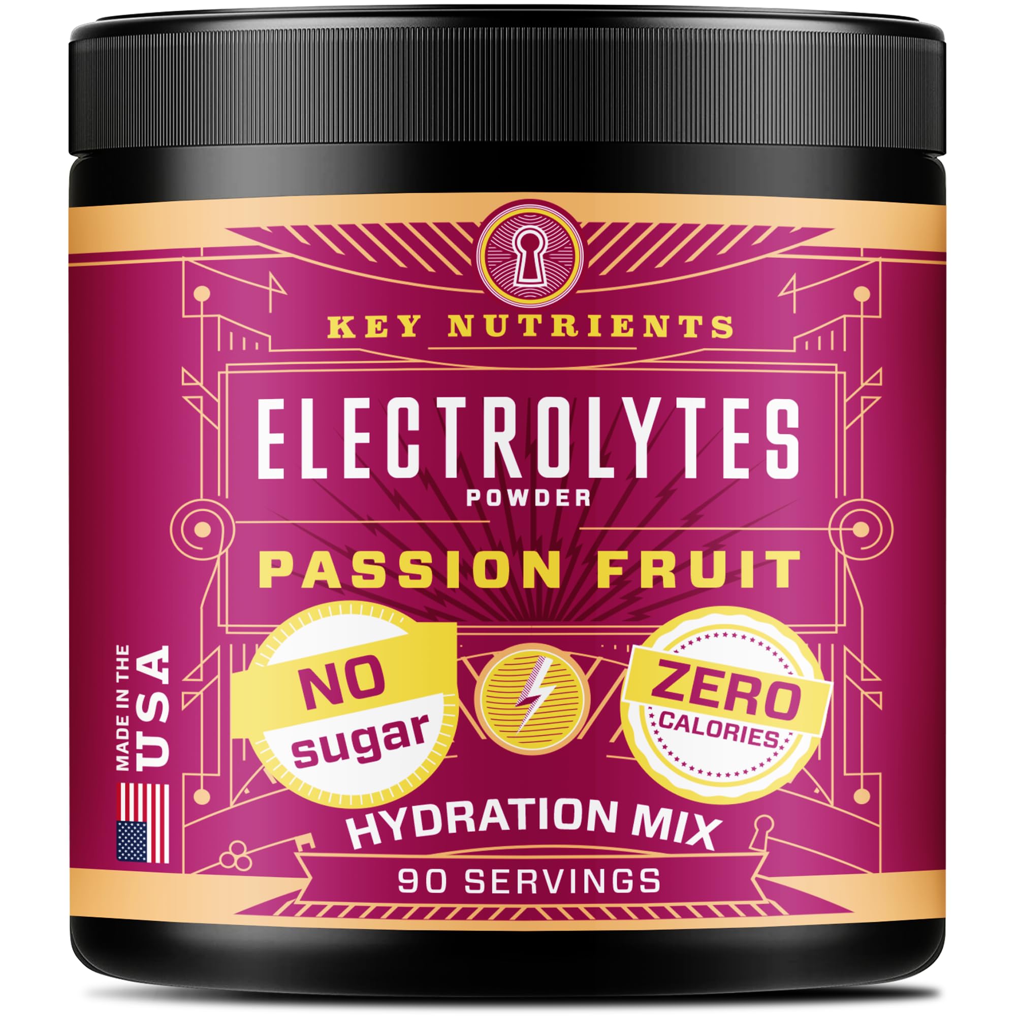 KEY NUTRIENTS Multivitamin Electrolytes Powder No Sugar - Delicious Passion Fruit Electrolyte Powder - Endurance & Energy Supplement - Hydration Powder - No Calories - 90 Servings - Made in USA