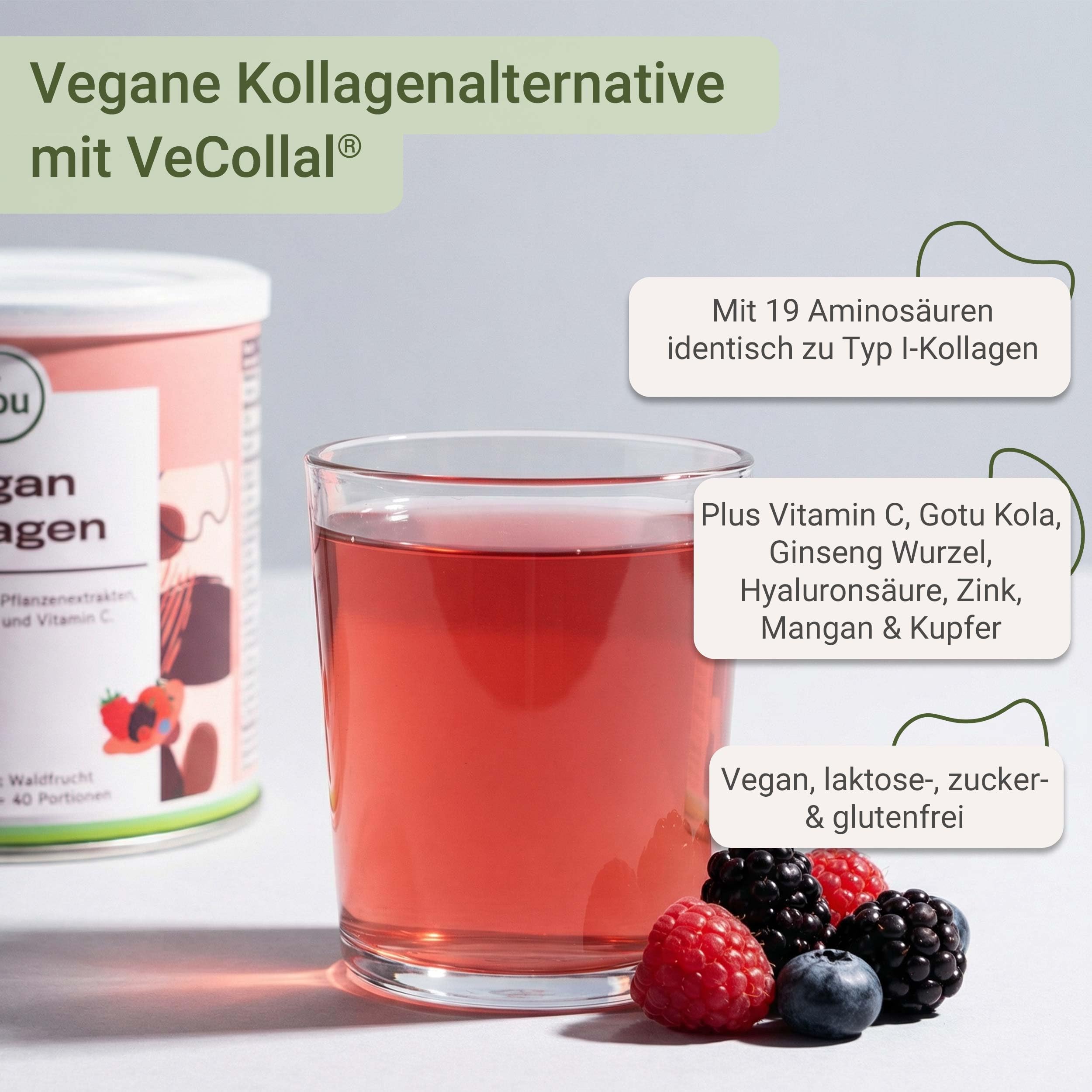 for you vegan collagen Pulver Waldfrucht + Hyaluronsäure Doppelpack - Enthält vegane Typ-1-Kollagenalternative VeCollal®, ohne Zucker, mit Biotin, Vitamin C, Zink & Silizium – für Haut, Haare & Nägel