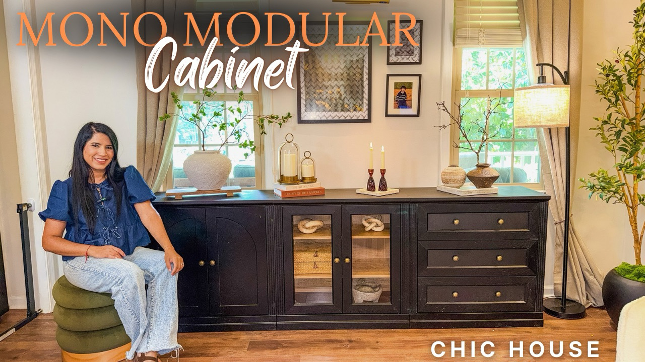 Black media console stylish and with storage perfect for a build in