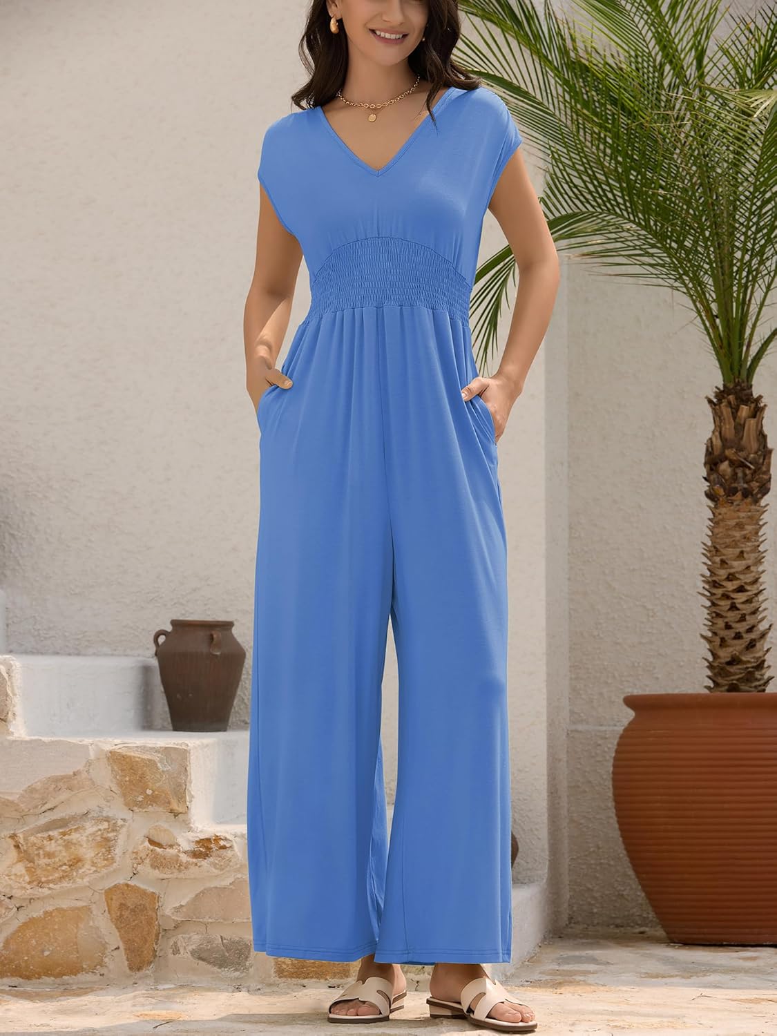 ZAFUL Womens Summer Jumpsuits 2026 Smocked Waist Dressy Casual One Piece Outfits with Pockets - Image 5