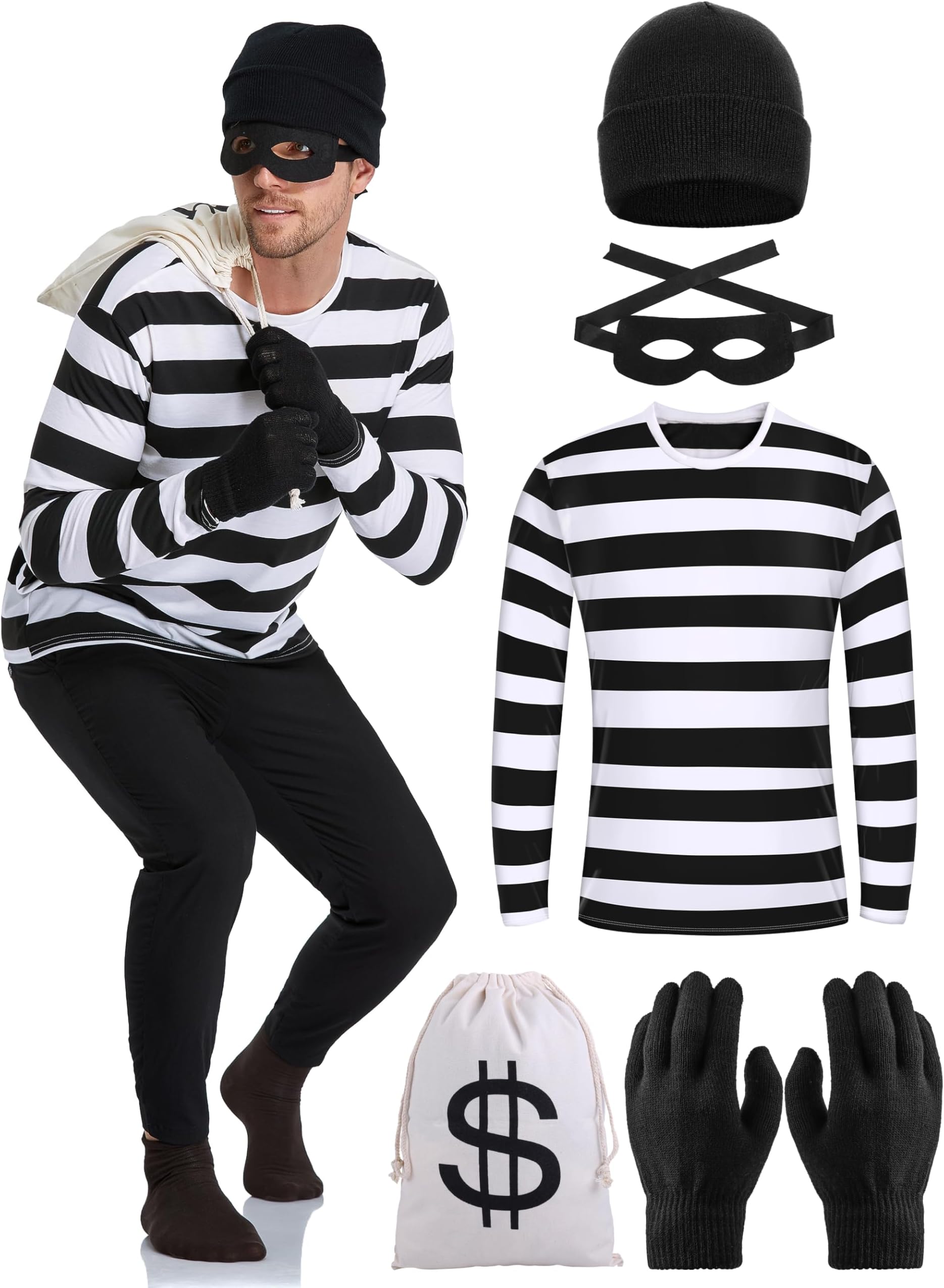 Halloween Robber Costume Set, Include Striped Long Sleeve T-shirt Knit Cap Gloves Canvas Bags and Eye Mask