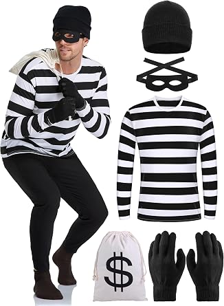 URATOT Halloween Robber Costume Set, Include Striped Long Sleeve T-shirt Knit Cap Gloves Canvas Bags and Eye Mask