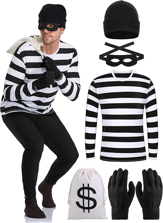 URATOT Halloween Robber Costume Set, Include Striped Long Sleeve T-shirt Knit Cap Gloves Canvas Bags and Eye Mask
