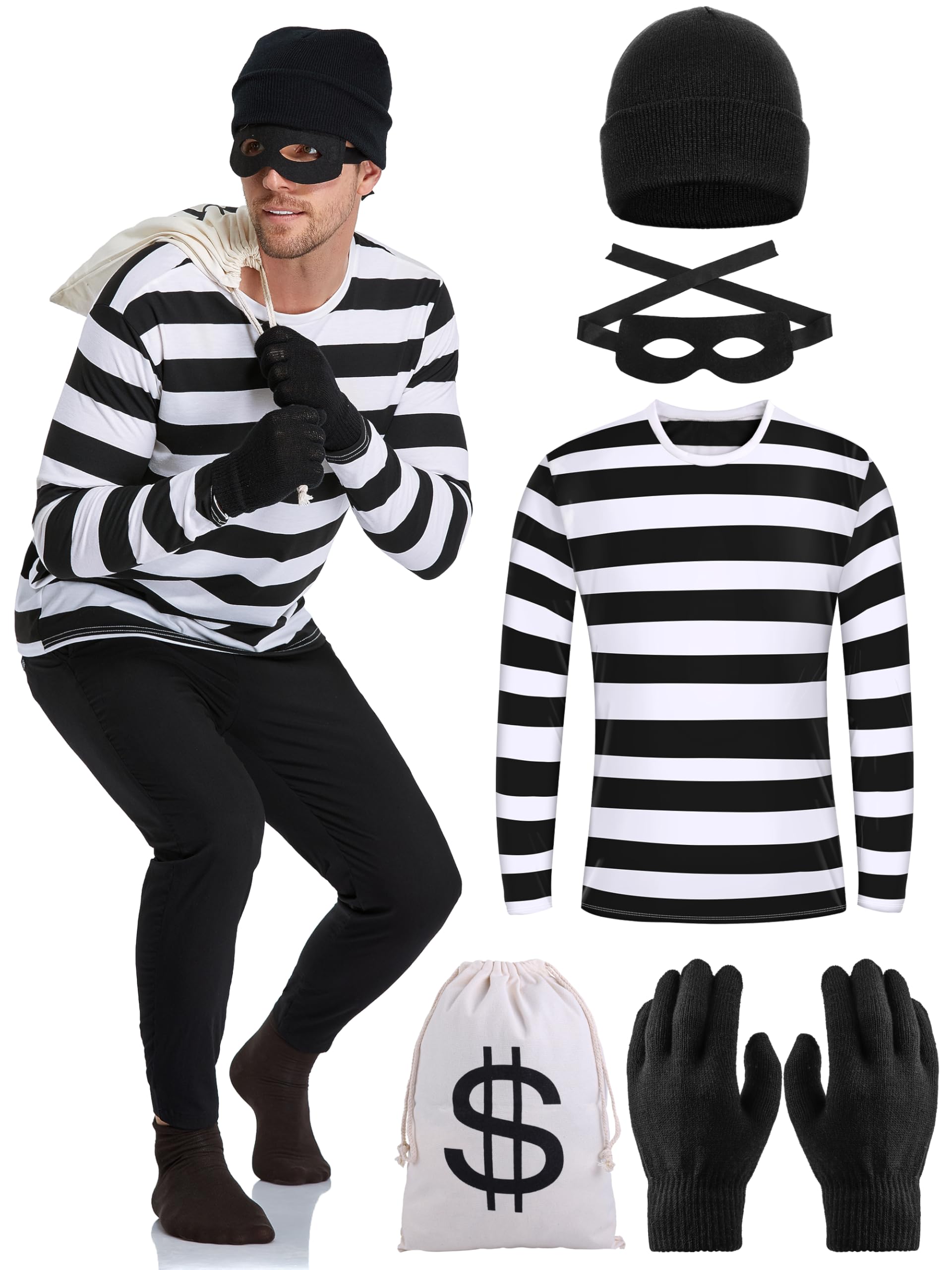 URATOT Halloween Robber Costume Set Include Striped Long Sleeve T-shirt Knit Cap Gloves Canvas Bags and Eye Mask