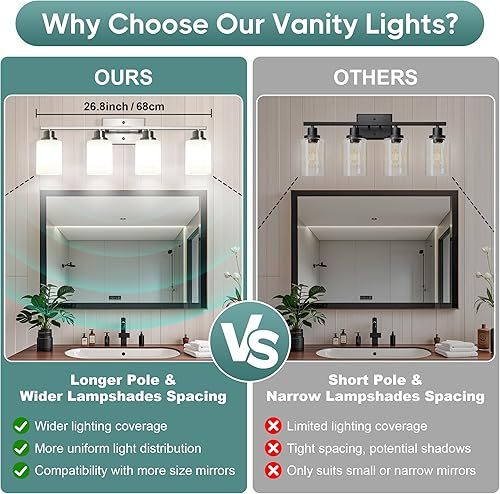 Miniatura 3 de Ascher Lámparas de baño, lámpara de tocador de 4 luces sobre espejo, apliques de pared de níquel cepillado con pantallas de vidrio esmerilado blanco