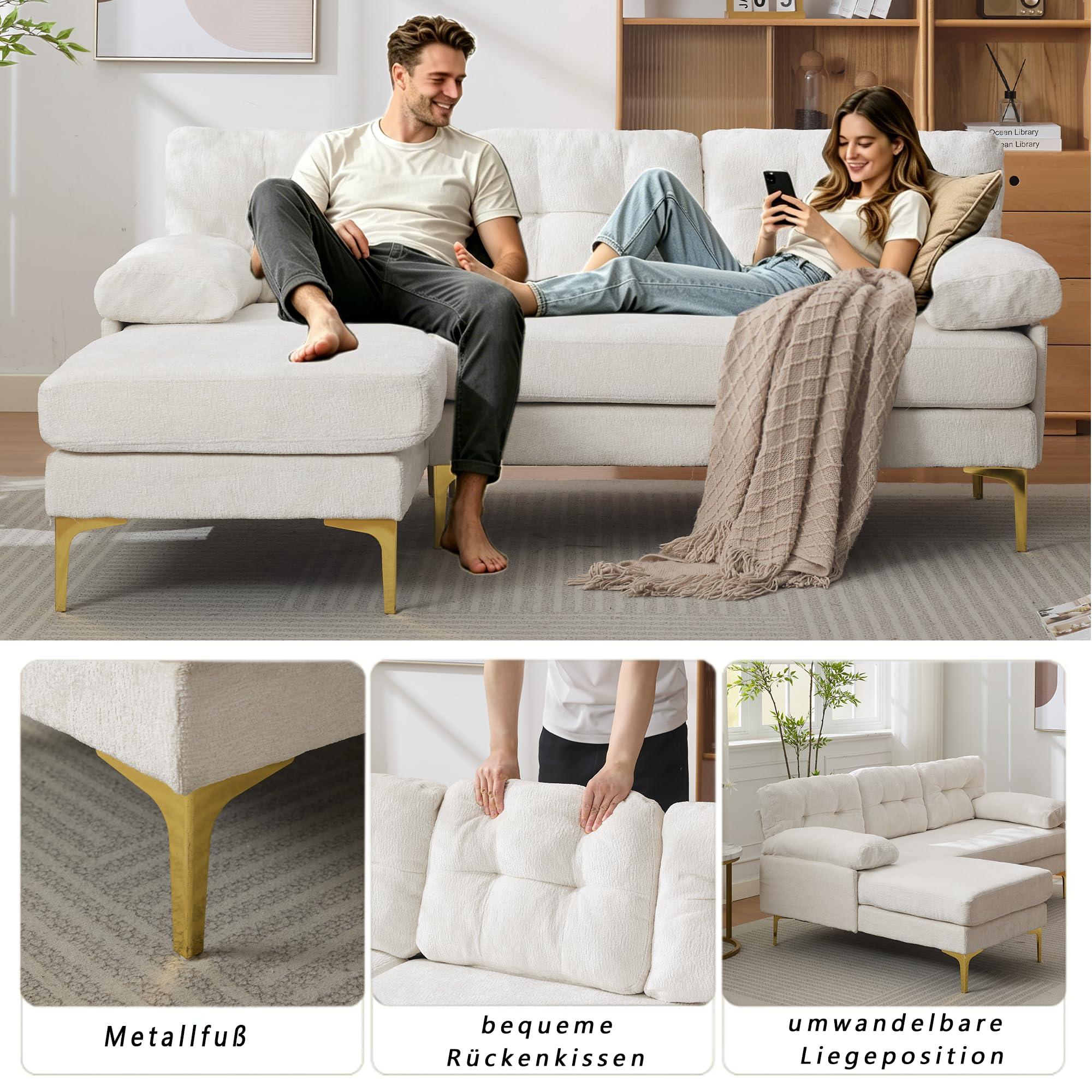 Divano angolare con funzione letto, 187,5 cm, divano a forma di L con funzione letto, divano a 3 posti, funzione reclinabile, tessuto di ciniglia, braccioli imbottiti, per soggiorno, beige