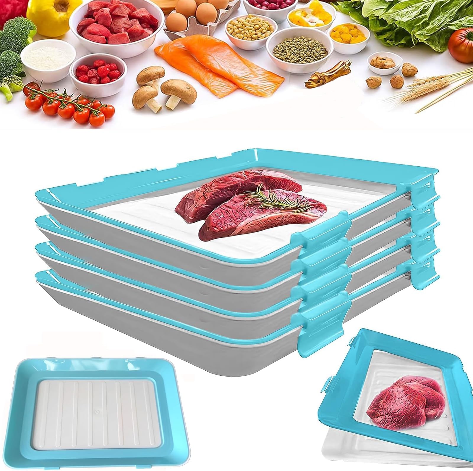 Stretch Fresh Storage Trays with Lids - 4PCS Reusable Silicone Food Containers,Airtight Silicone Food Storage Trays, Stackable & Airtight for Meat, Vegetable, Fruit in Fridge/Freezer, BPA-Free （ Blue)