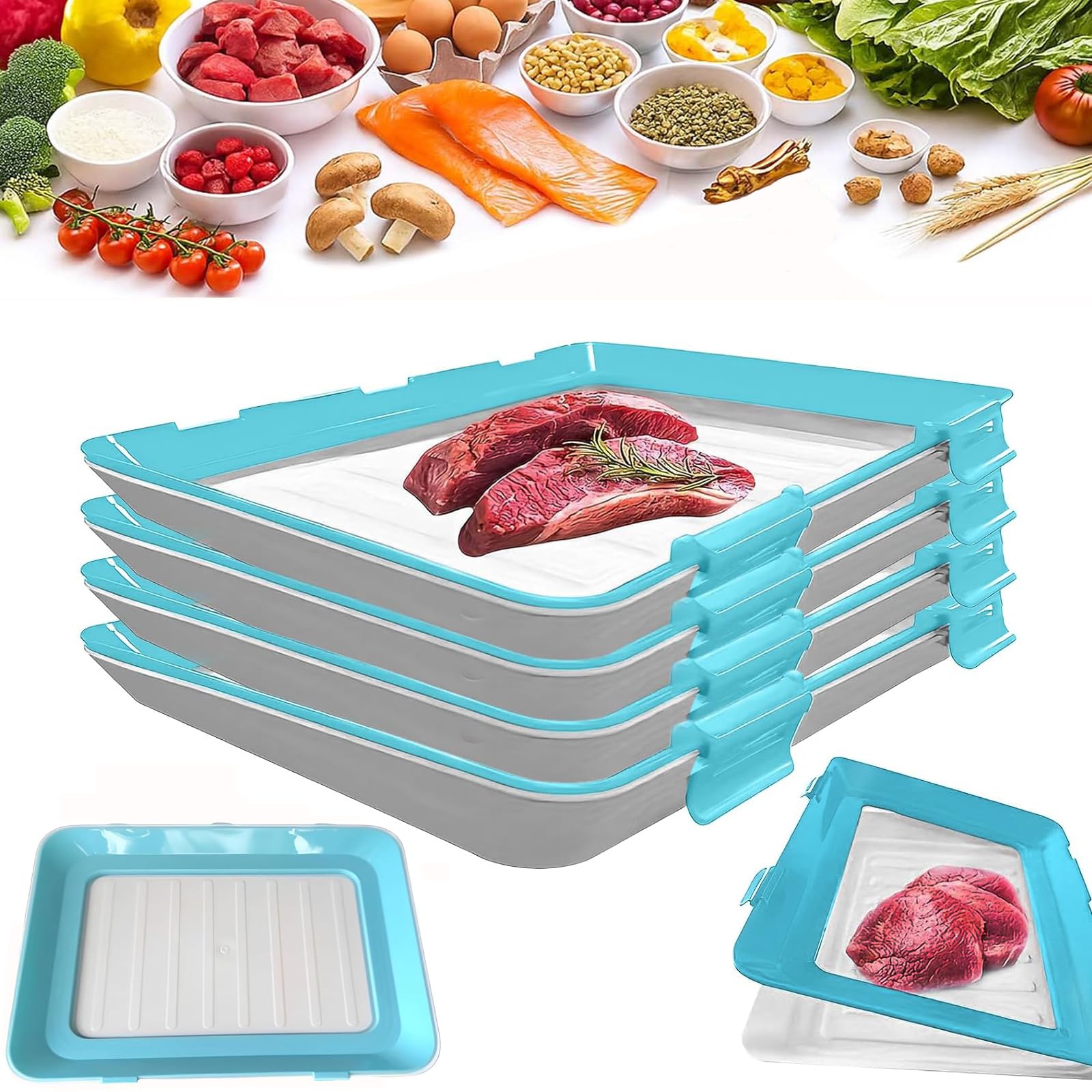 Stretch Fresh Storage Trays with Lids - 4PCS Reusable Silicone Food Containers,Airtight Silicone Food Storage Trays, Stackable & Airtight for Meat, Vegetable, Fruit in Fridge/Freezer, BPA-Free （ Blue)
