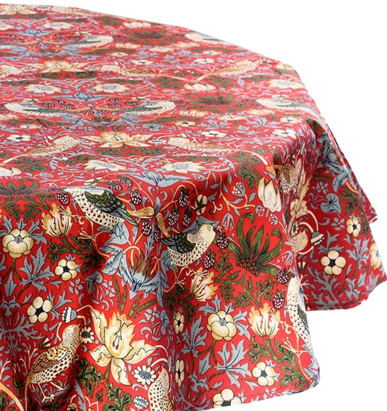 Jansons Direct Linens Strawberry Thief Red 100% Cotton Table Cloth 132cm Round William Morris Gallery