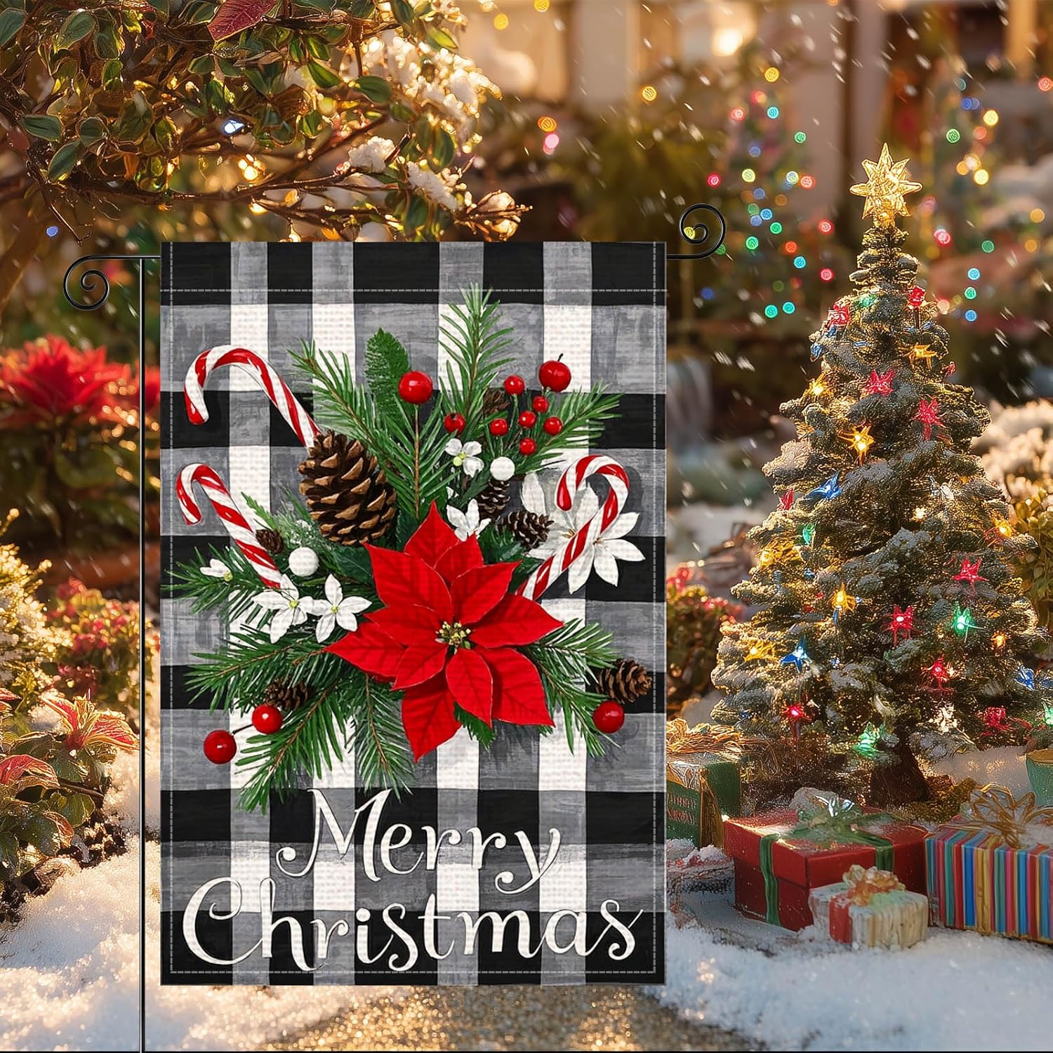 Merry Christmas Garden Flag 12x18 Inch Welcome Garden Flags Burlap Double-Sided Red Bow Candy Canes Snowflakes Pinecones Winter Holiday Banner Wreath Flag for Yard Lawn Decoration - Image 9