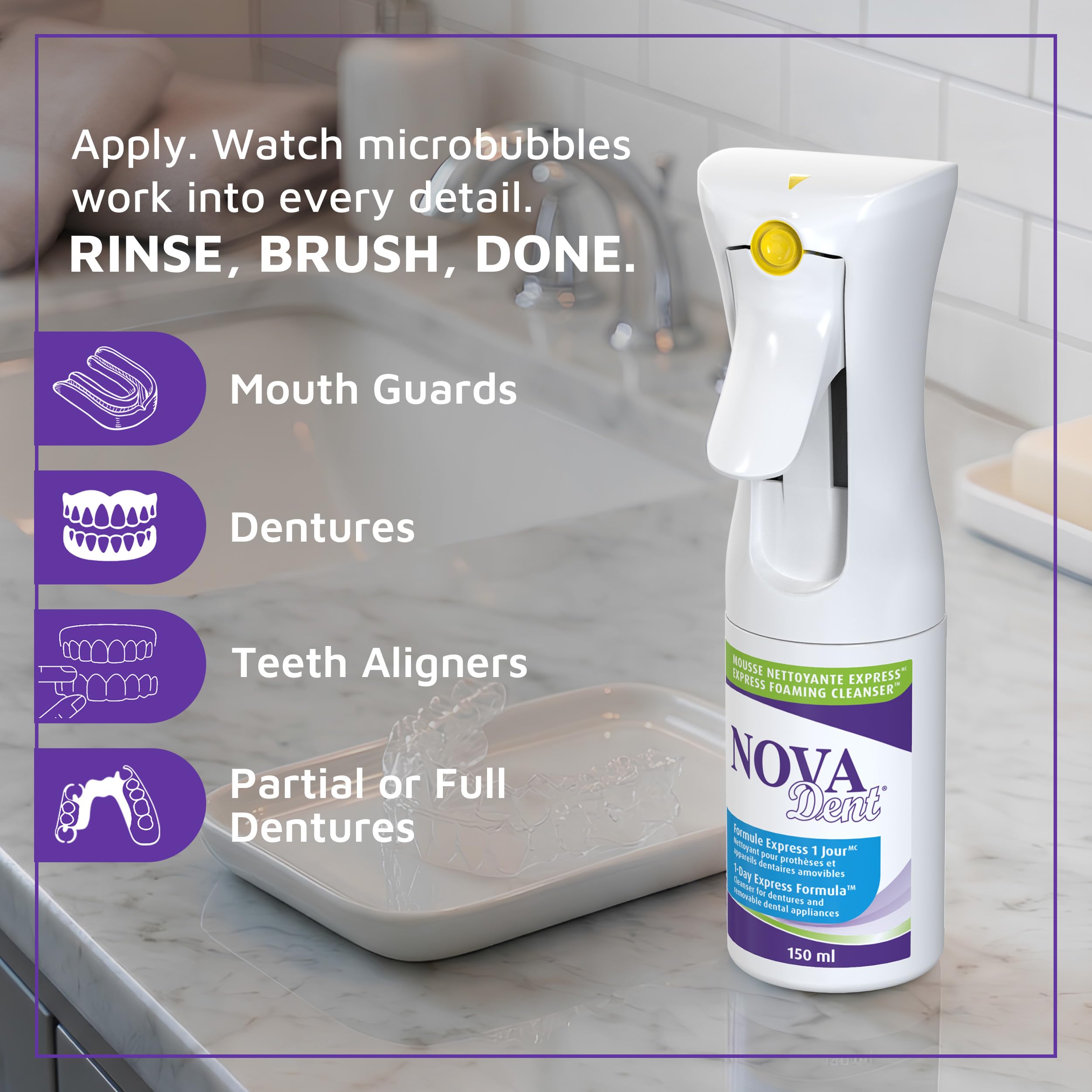 Novadent Express - Limpiador de espuma para aparatos dentales, retenedores, bandejas, protectores bucales, alineadores de dientes, pulverizador con 2 recambios