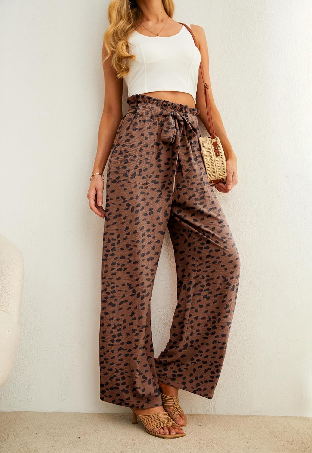 IWOLLENCE Women's Wide Leg Pants with Pockets High Waist Adjustable Knot Loose Casual Trousers Business Work Casual Pants
