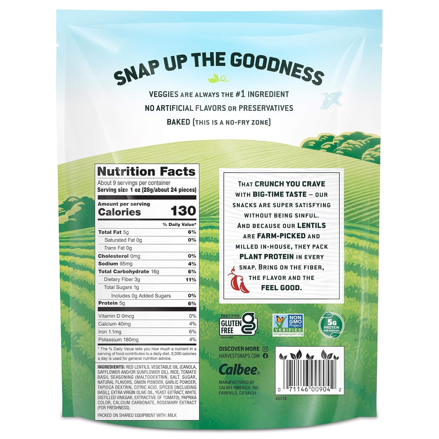Harvest Snaps Veggie Chips | Tomato Basil | 8.5 oz, Case of 6 | Plant Protein, Gluten Free Baked Vegetable Crisps | Made in USA