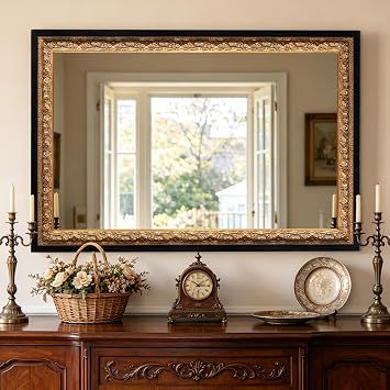 40" x 28" Mirror for Living Room, Gold Foil Flower Petal Carvings Wooden Frame, Vintage Gold Mirror for Bathroom, Living Room, Fireplace, Entryway and Bedroom Speckled Texture