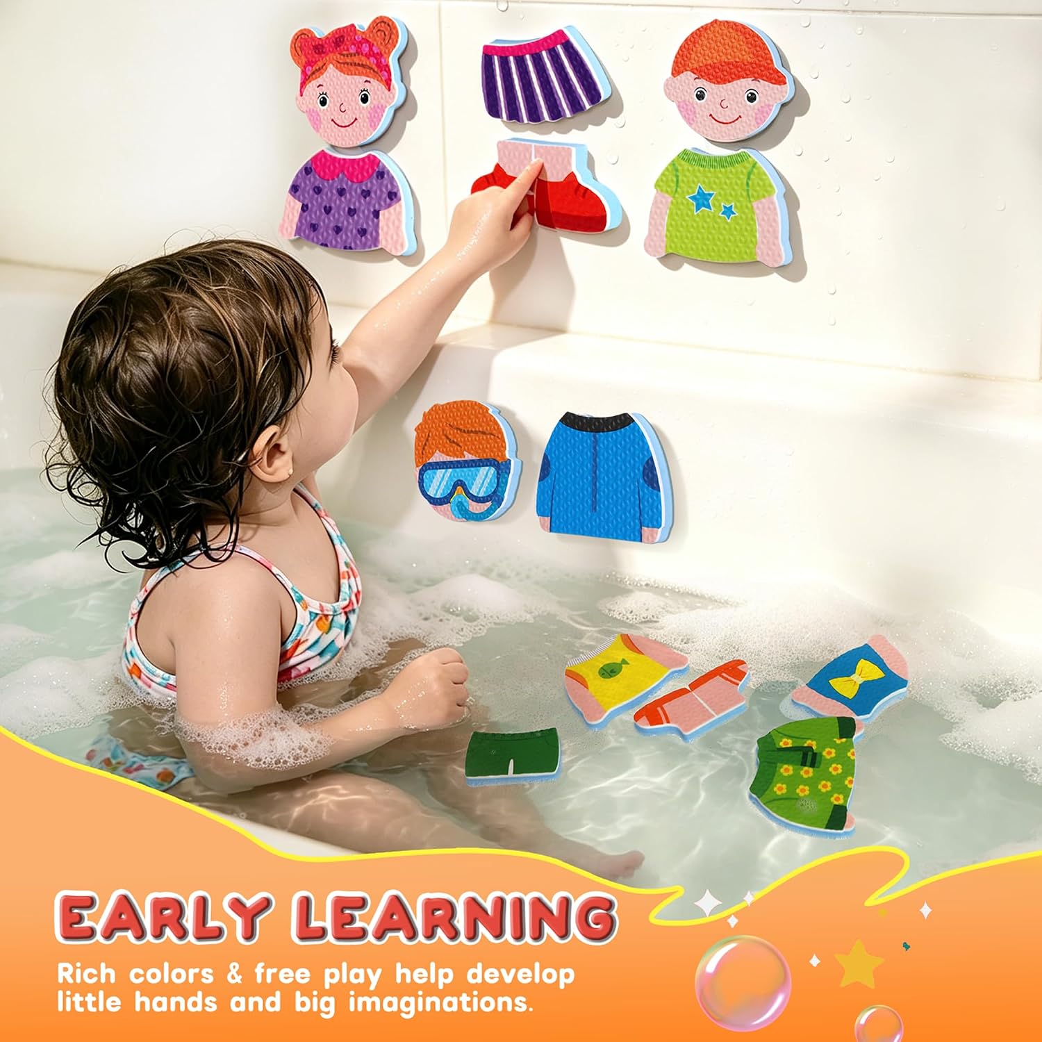 Baby Bath Toys for Kids Ages 1-3, 32 PCS Mix & Match Dress Up Foam Toddler Bathtub Toy with Storage Bag Educational Stickers in the Tub for Boys and Girls 18+ Months