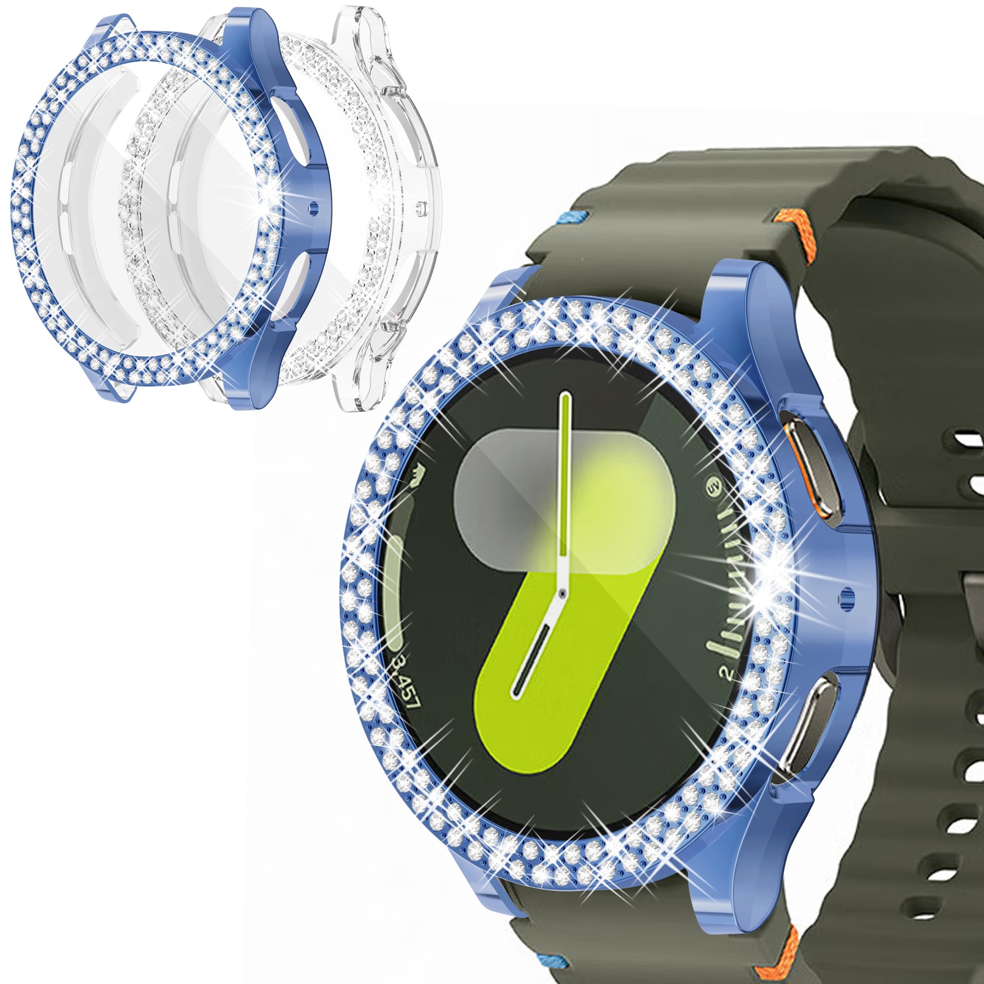 Bling Flexible TPU Case Compatible with Samsung Galaxy Watch 7 40mm 44mm Sparkling Double Row Diamonds Built-in HD Screen Protector Full Protective Cover for Women Girls(Coastal Blue/Clear, 40mm)