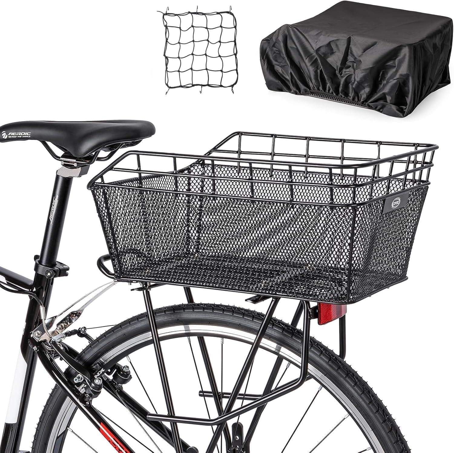 PINNAMAX Cestino per bicicletta grande posteriore per portapacchi,Cestino per bicicletta con rete e copertura,Nero