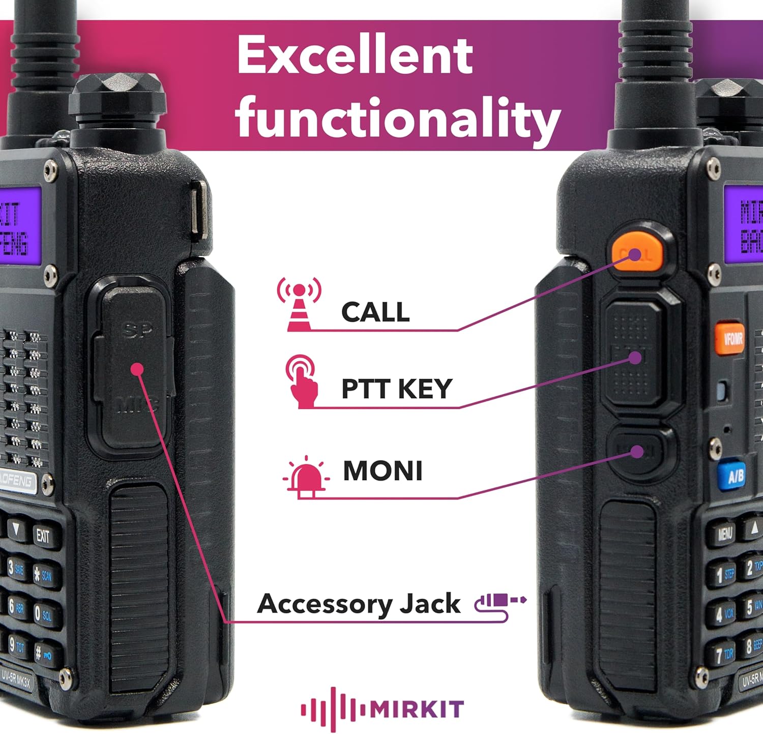 Mirkit Baofeng Radio UV-5R MK3X Legal Power Tri-Band Radio 2026 VHF/UHF 144-148/222-225/420-450 MHz - Walkie Talkie with 2100mAh Li-ion Baofeng Battery, Neck Strap Lanyard Mirkit Ham Radio Operator