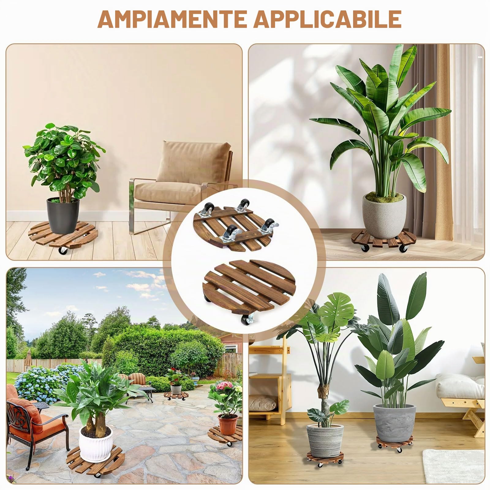Sottovaso con Ruote, Portavasi con Ruote 40x40cm, 2 Pezzo Portavasi da Esterno,Porta Vaso da Balcone,Sottovasi con Ruote,Supporto per Piante su Ruote,Carrello per Vasi da Fiori,Capacità di Carico 80kg