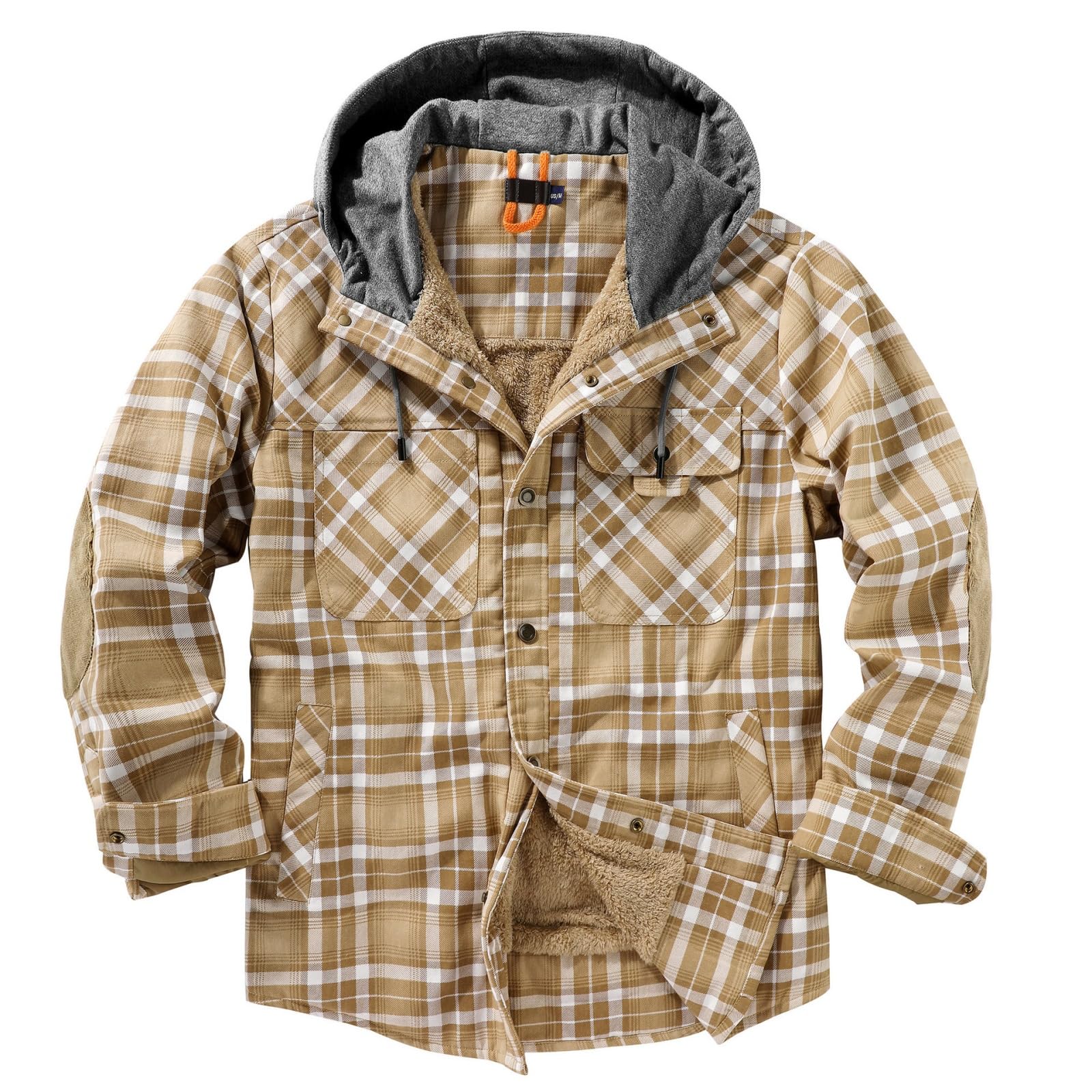 Męska flanelowa bluza z kapturem na co dzień, zapinana na guziki, bawełniana pikowana kurtka w kratę, ciepła podszewka z długim rękawem Sherpa bluza z kapturem męska