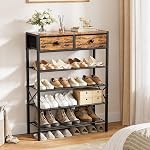 5 Rack de chaussures Tier Entryway, Organisateur de chaussures avec 2 Tiroirs, étagère en métal pour 16-20 paires avec plateau en bois pour placard, brun rustique