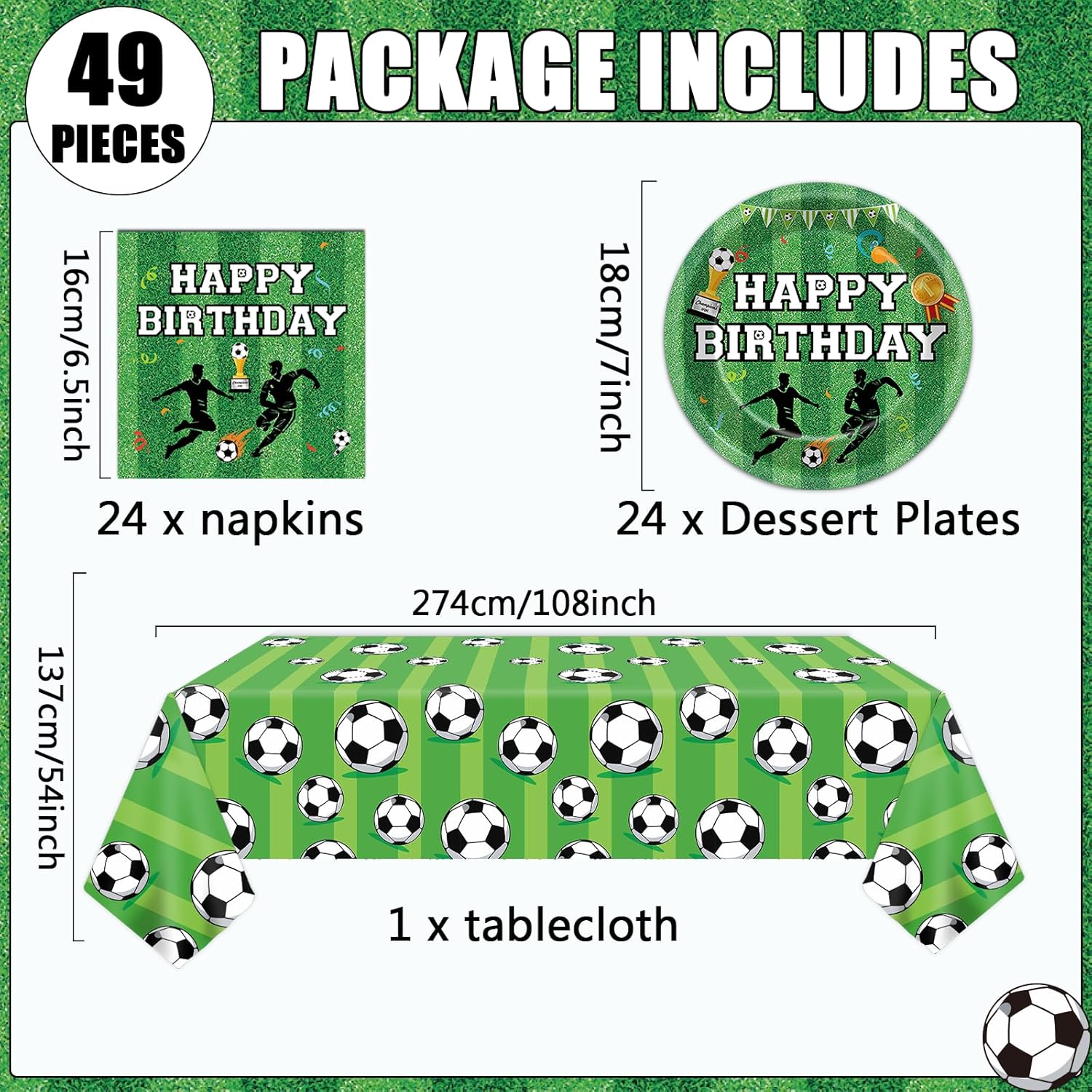 Soccer Party Supplies Serves 24 Soccer Birthday Decorations Party Paper Plates and Napkins Includes Plastic Sports Birthday Disposable Tablecloth Set Tableware for Sports Party Supplies for Boys Girls - Image 2