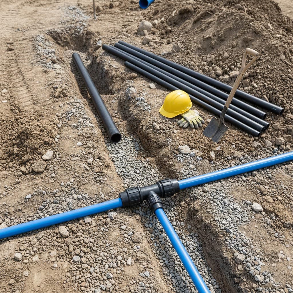 Confezione 4 x TE 50-40-50 mm POLIETILENO. Prodotto certificato AENOR utilizzato su tubi PE 50 mm 1 1/2" e PE 40 mm 1 1/4" per uso idraulico, irrigazione e cantiere.