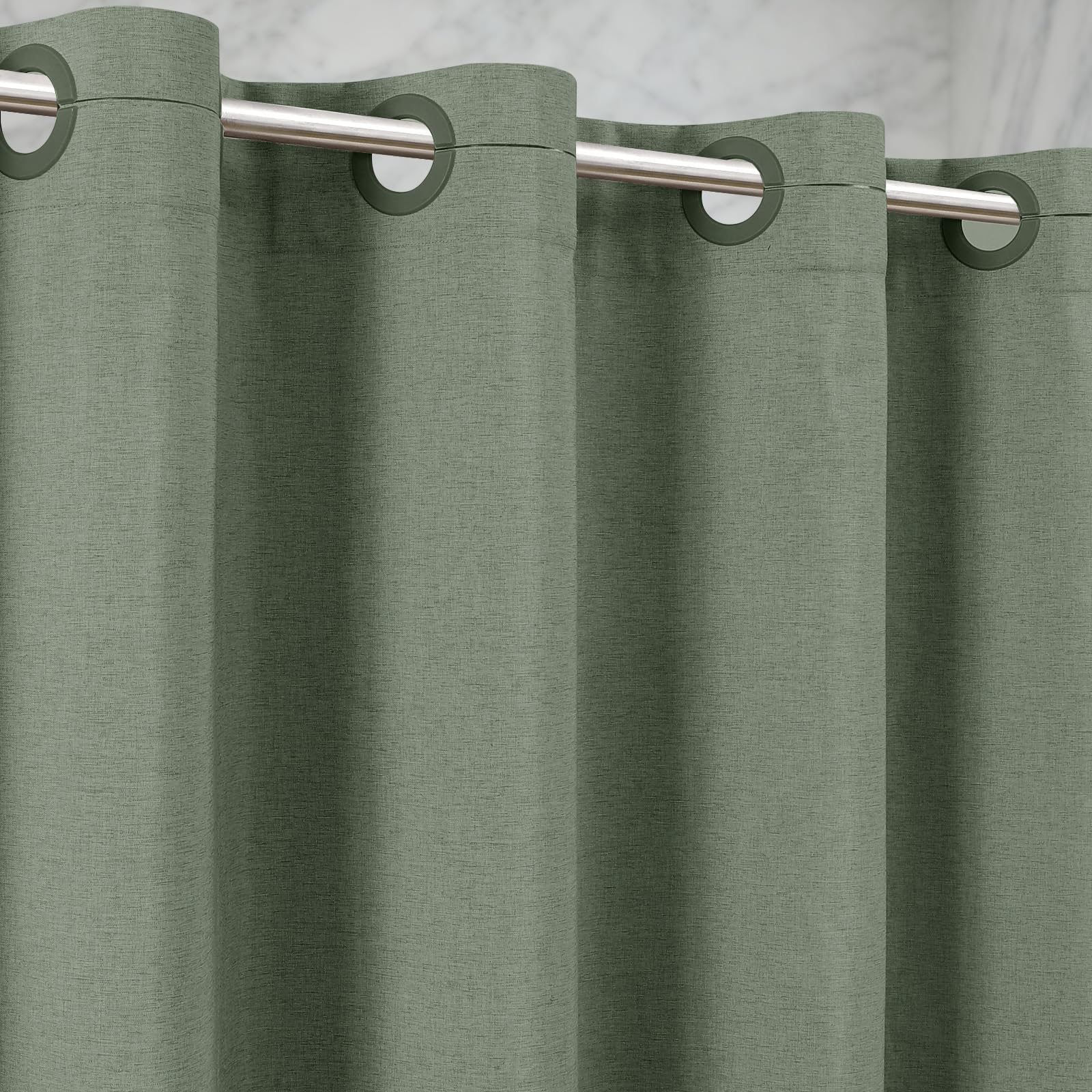 Zemyovia No Hooks Linen-Like Shower Curtain, Waterproof 250GSM Heavyweight Fabric, 180 x 190, Easy Install Split Grommets, Luxury Hotel Spa Bathroom Decor, Machine Washable, Weighted Hem, Grey Green