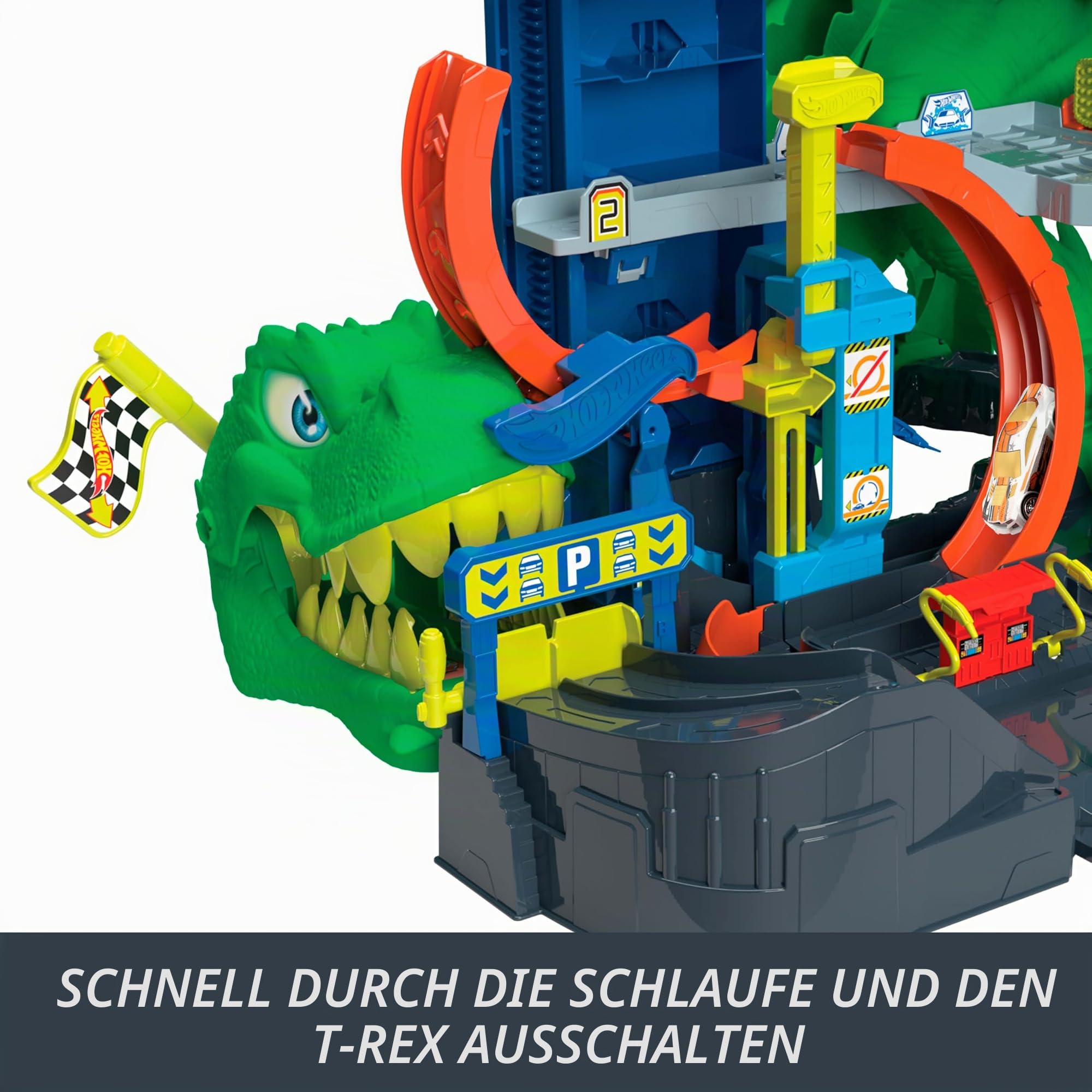 Hot Wheels City Ultimative T-Rex Garage und 2 Druckguss-Spielzeugautos – Ansicht 5