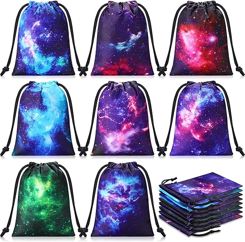 Sweetude 24 bolsas con cordón de galaxia, espacio exterior, noche estrellada, regalos de fiesta, bolsas de regalo de cumpleaños, suministros para