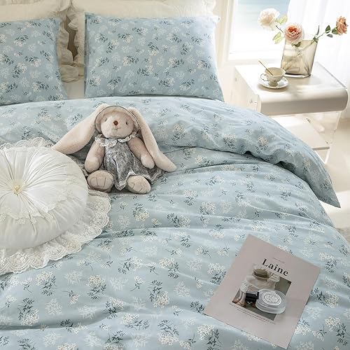 Miniatura 9 de Funda de edredón de tamaño individual, 100% microfibra cepillada de 3 piezas, juego de ropa de cama floral tamaño individual, diseño floral azul,